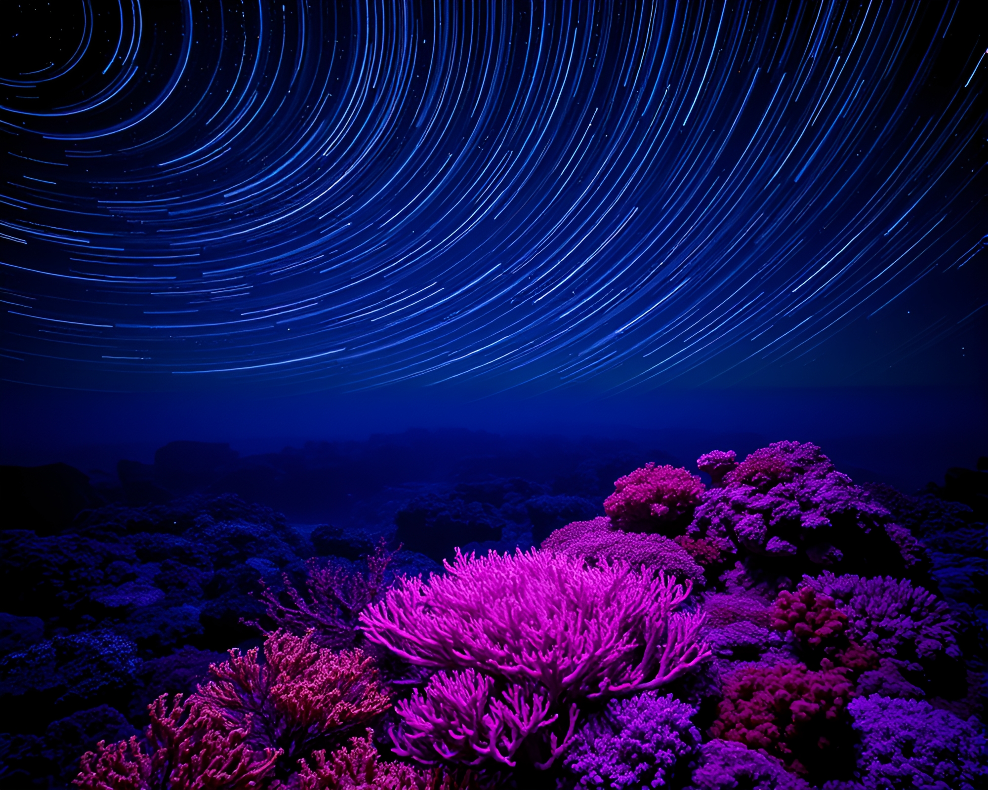 Mesmerizing Coral Reef Star Trails in Ultraviolet Kinetic Art – free AI stock image