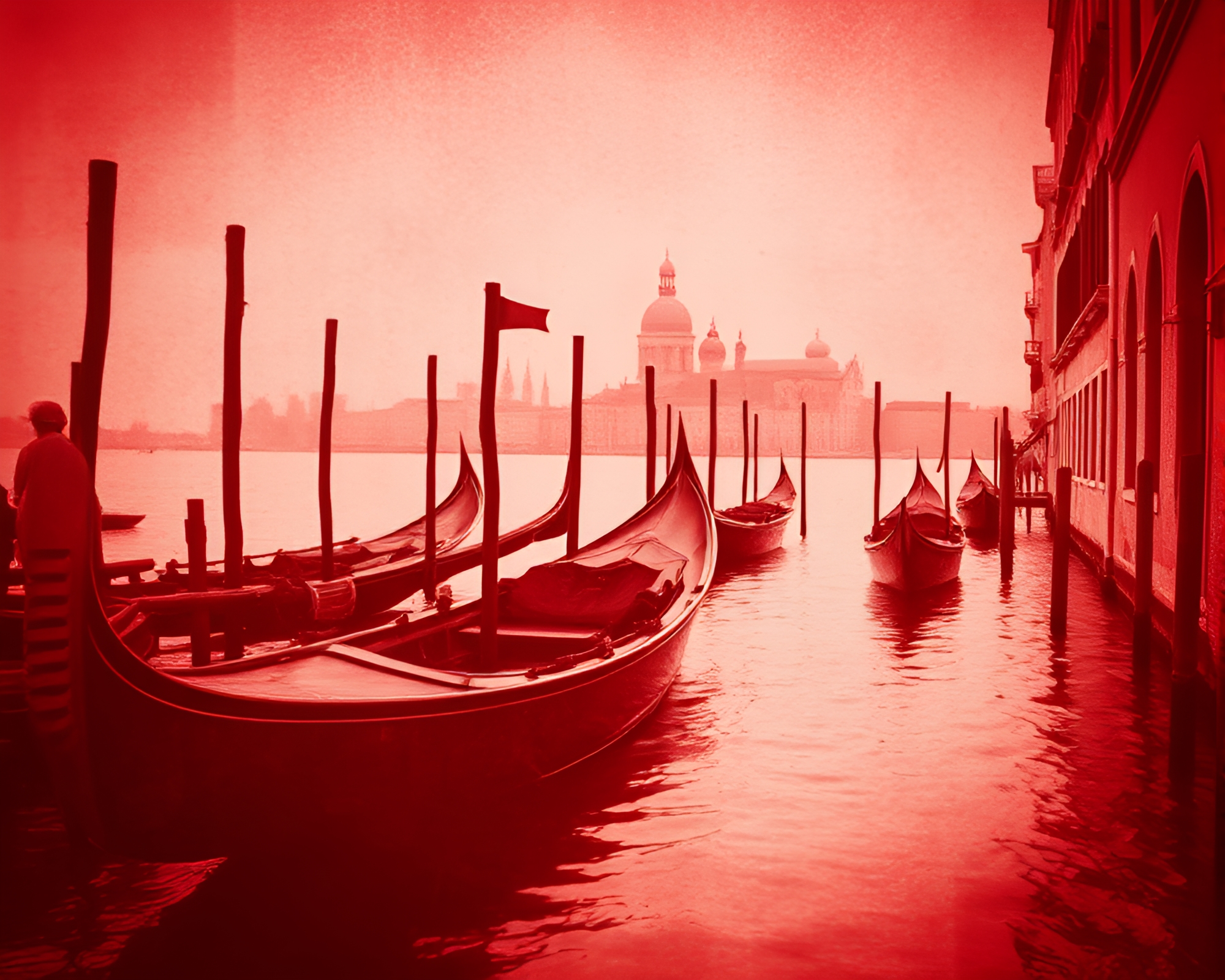 Venetian Gondola in Monochrome Red Sepia Tone – free AI stock image