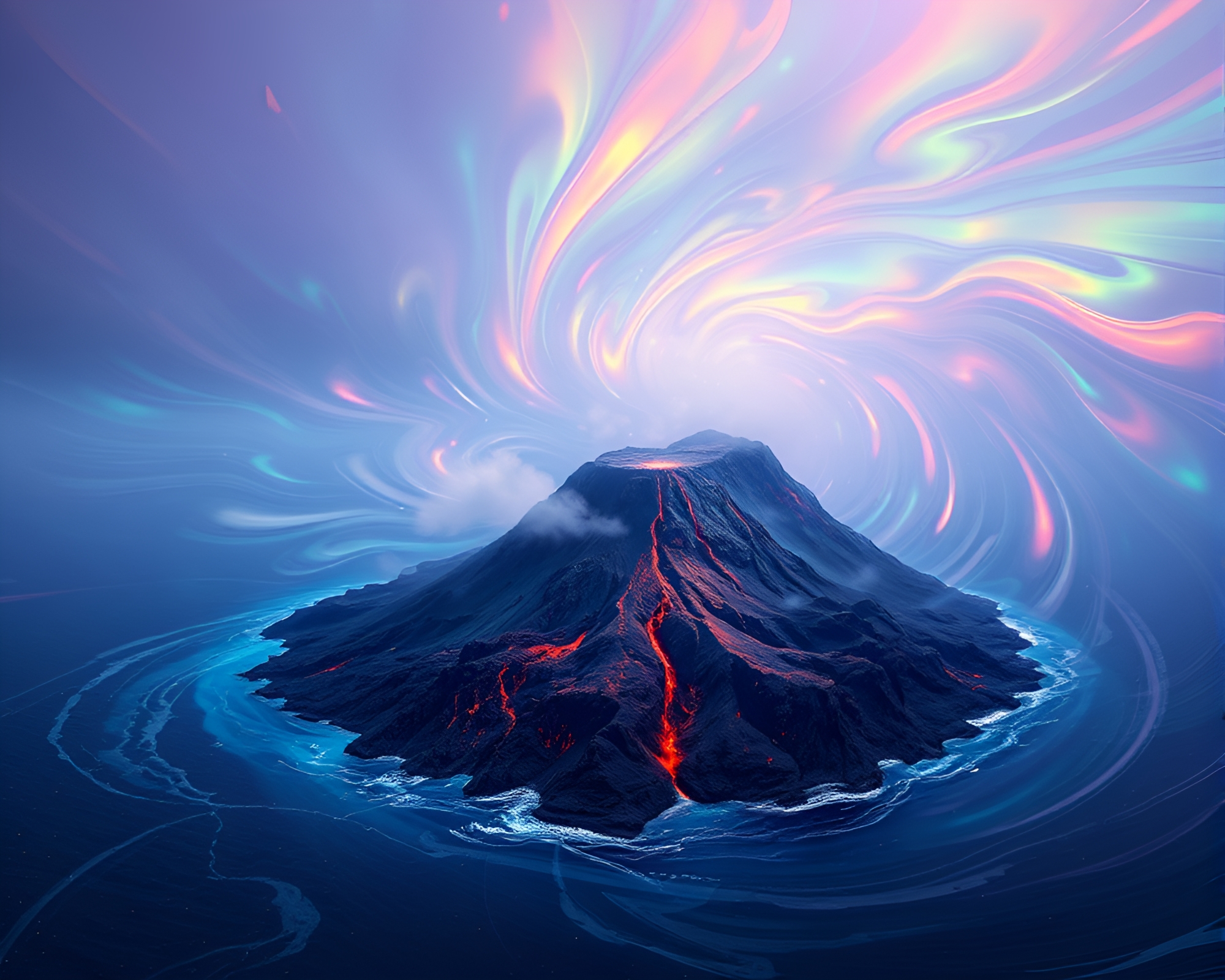 Ethereal holographic volcano swirling in vortex twist – free AI stock image