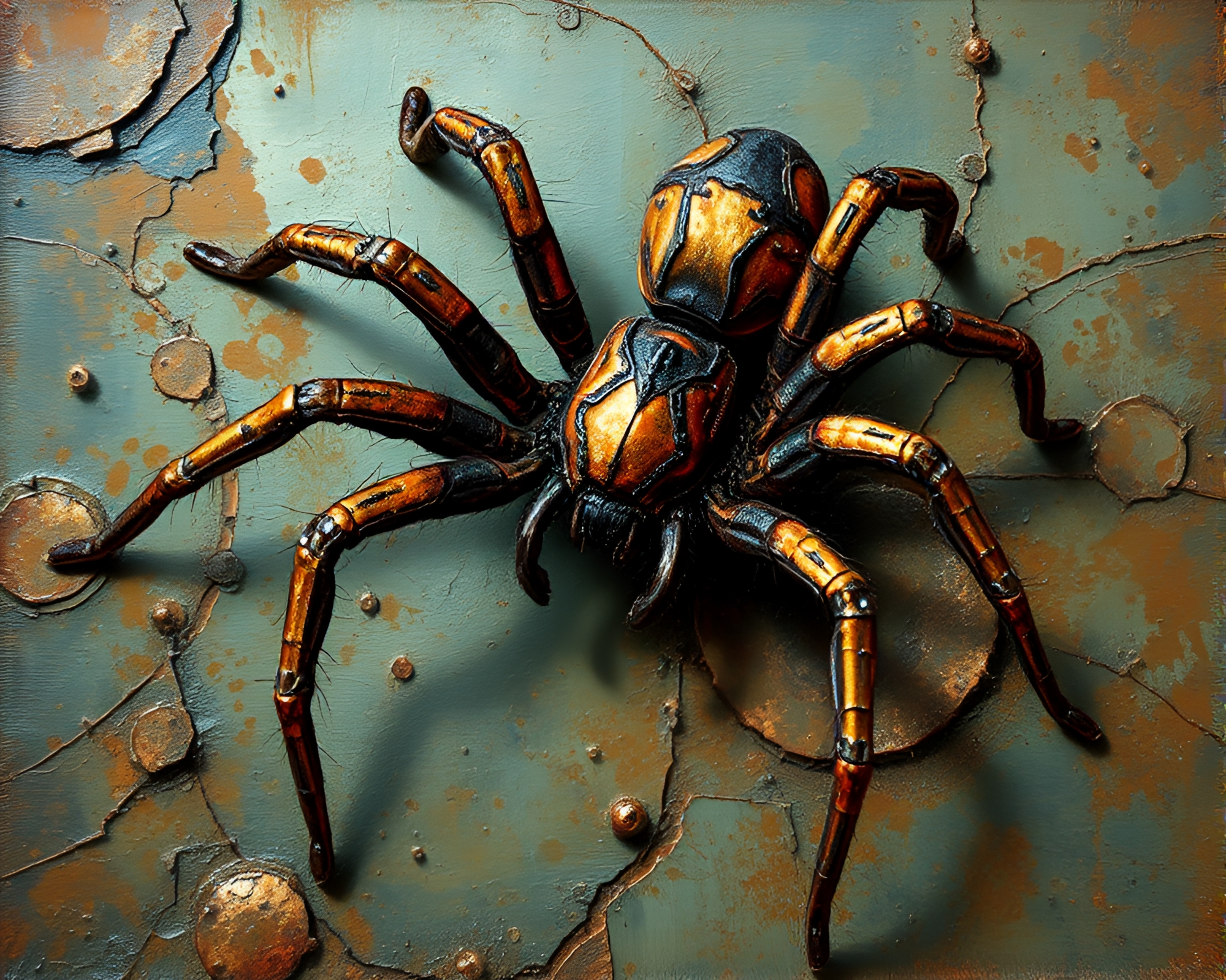 Mechanical spider in copper verdigris acrylic painting – free AI stock image
