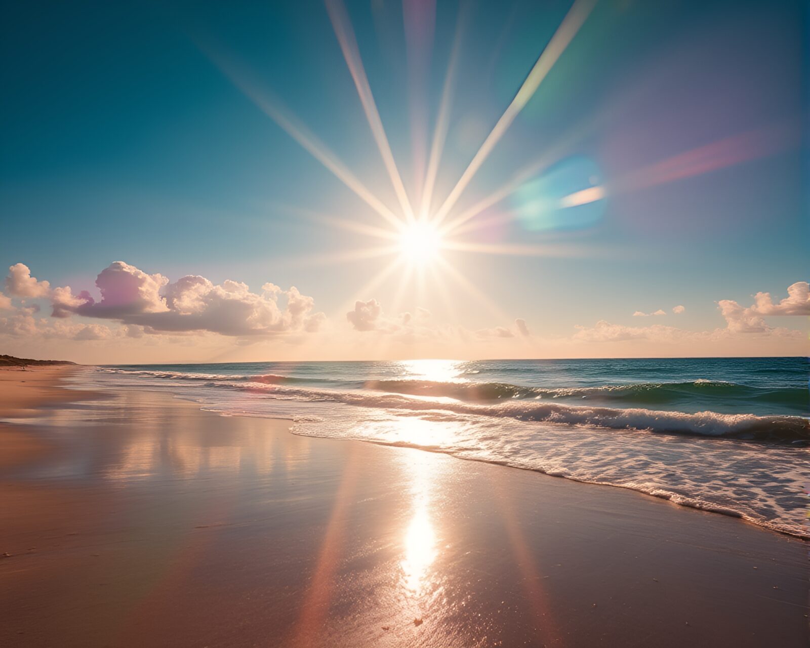 Vibrant lens flare bursts over beach with rainbow colors