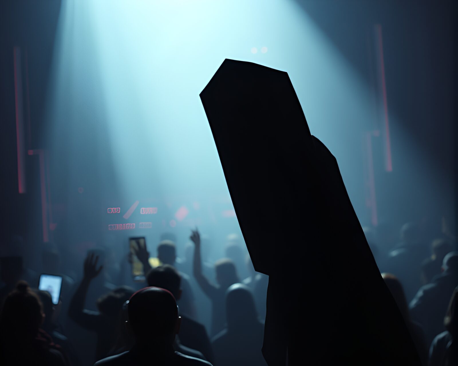 Photorealistic image of silhouetted crowd holding pixelated shield under light