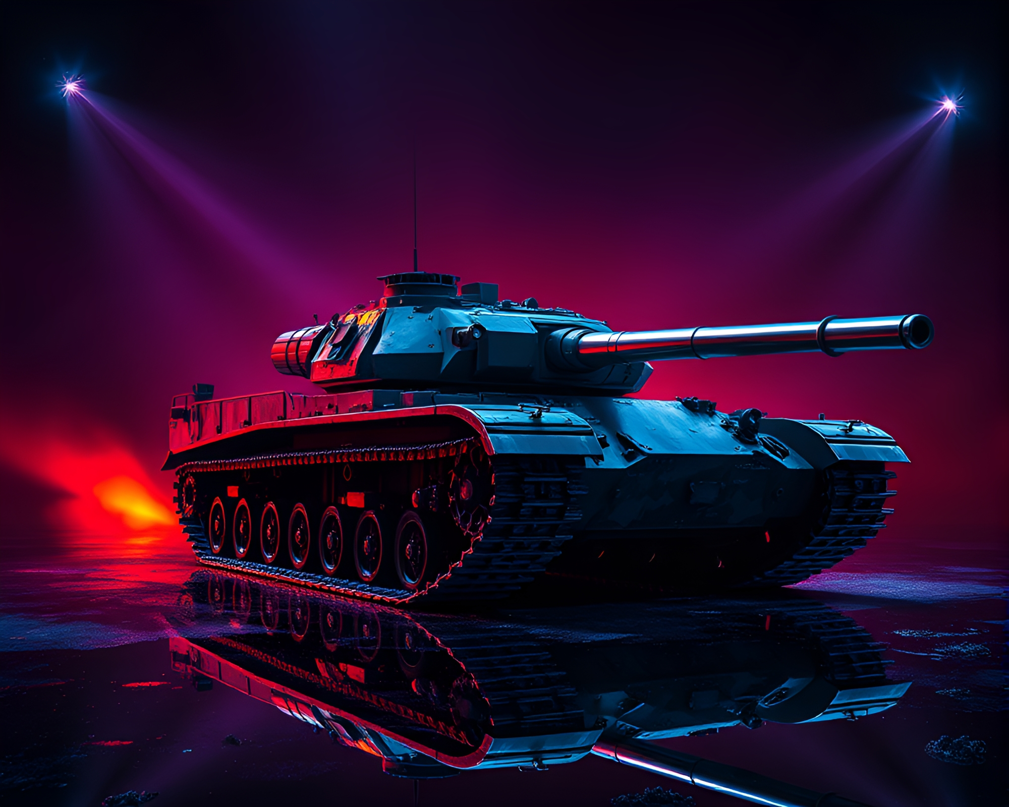 Double Reflections: Armored Tank in Theatrical Op Art – free AI stock image