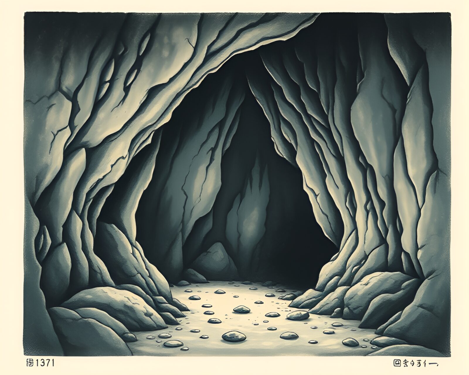 Dark, mystical cave with icy formations in unique print style