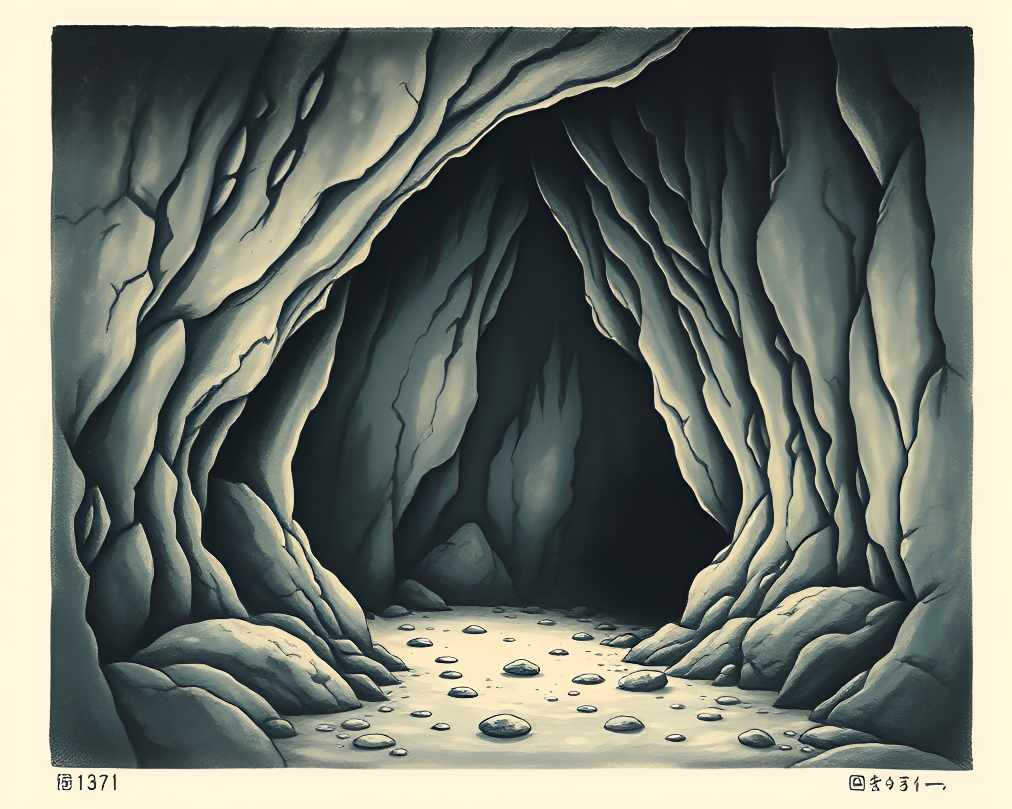 Glacial Cave Exploration in Egg Tempera Woodblock Print – free AI stock image
