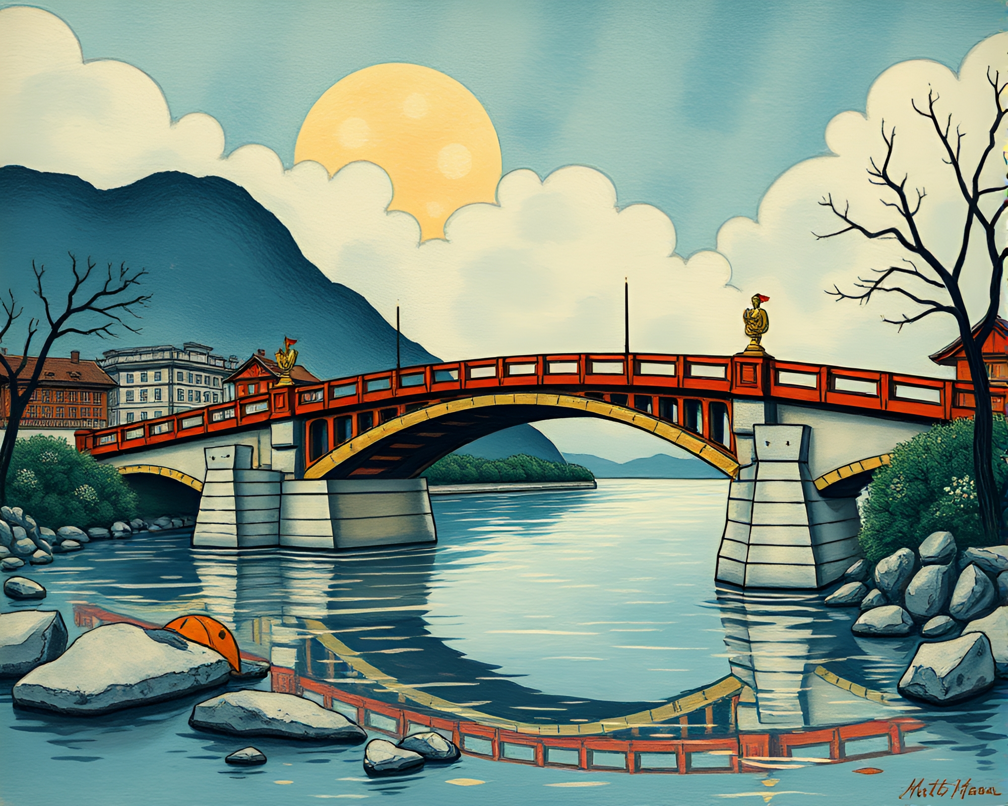Cartoon Glass Bridge Woodblock Print Marks – free AI stock image