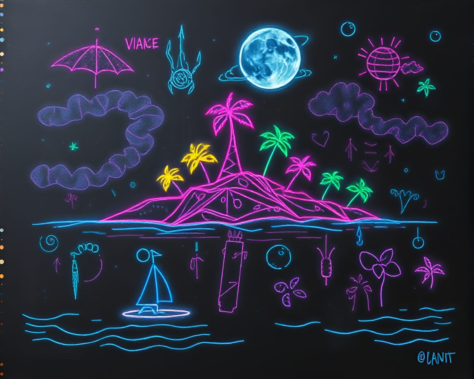 Vibrant concept art of chalk-drawn island in dreamy pastel neon shades