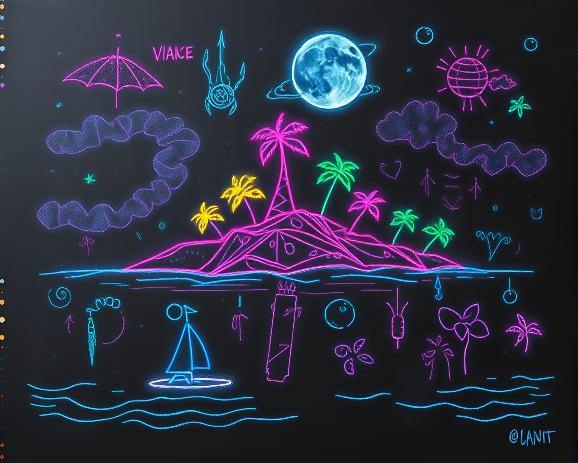 Dreamy Island Chalk Art: Pastel Neon Escape – free AI stock image