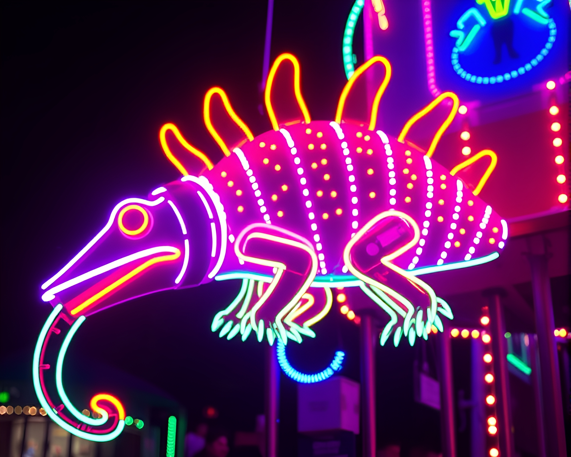 Glowing Armadillo in Neon Carnival Lights – free AI stock image