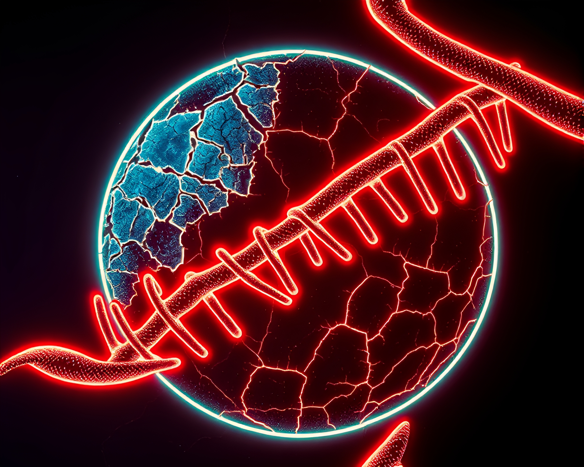 Neon DNA Helix on Cracked Earth Woodcut Print – free AI stock image