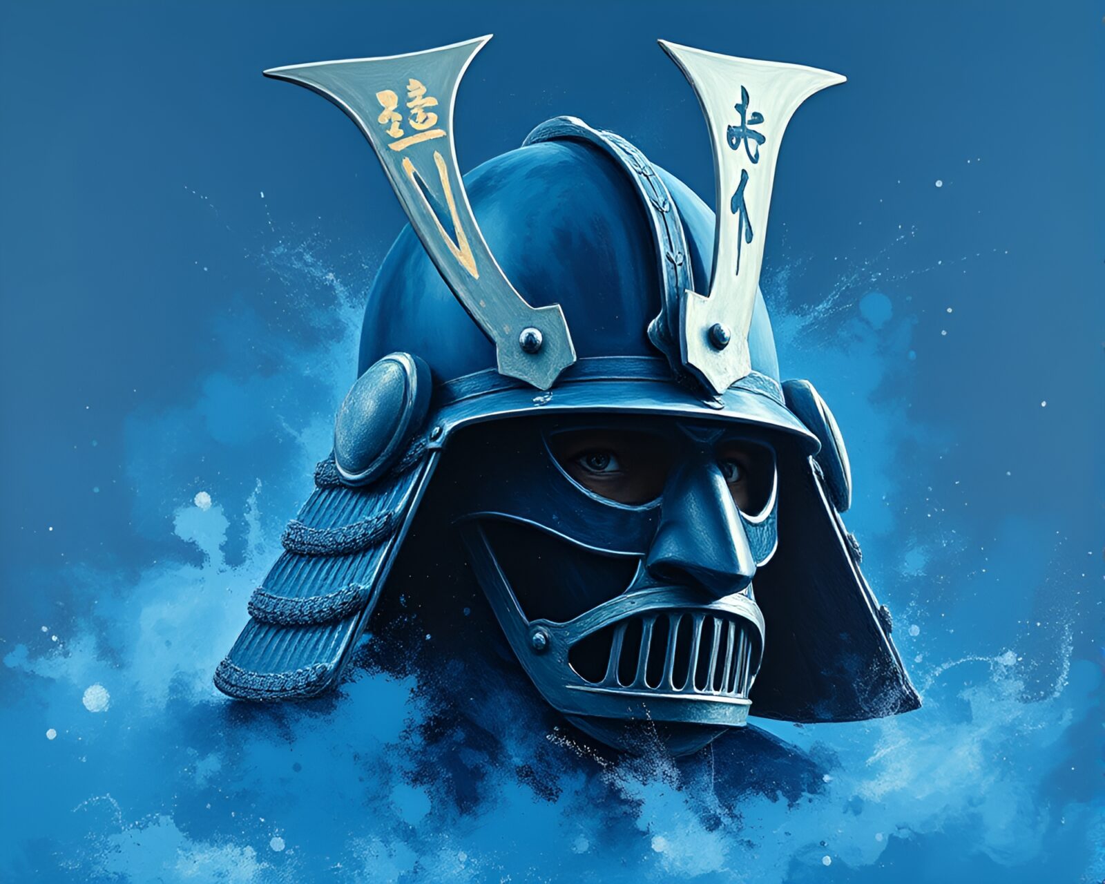 Acrylic painting of a samurai helmet surrounded by dust in arctic blue lighting