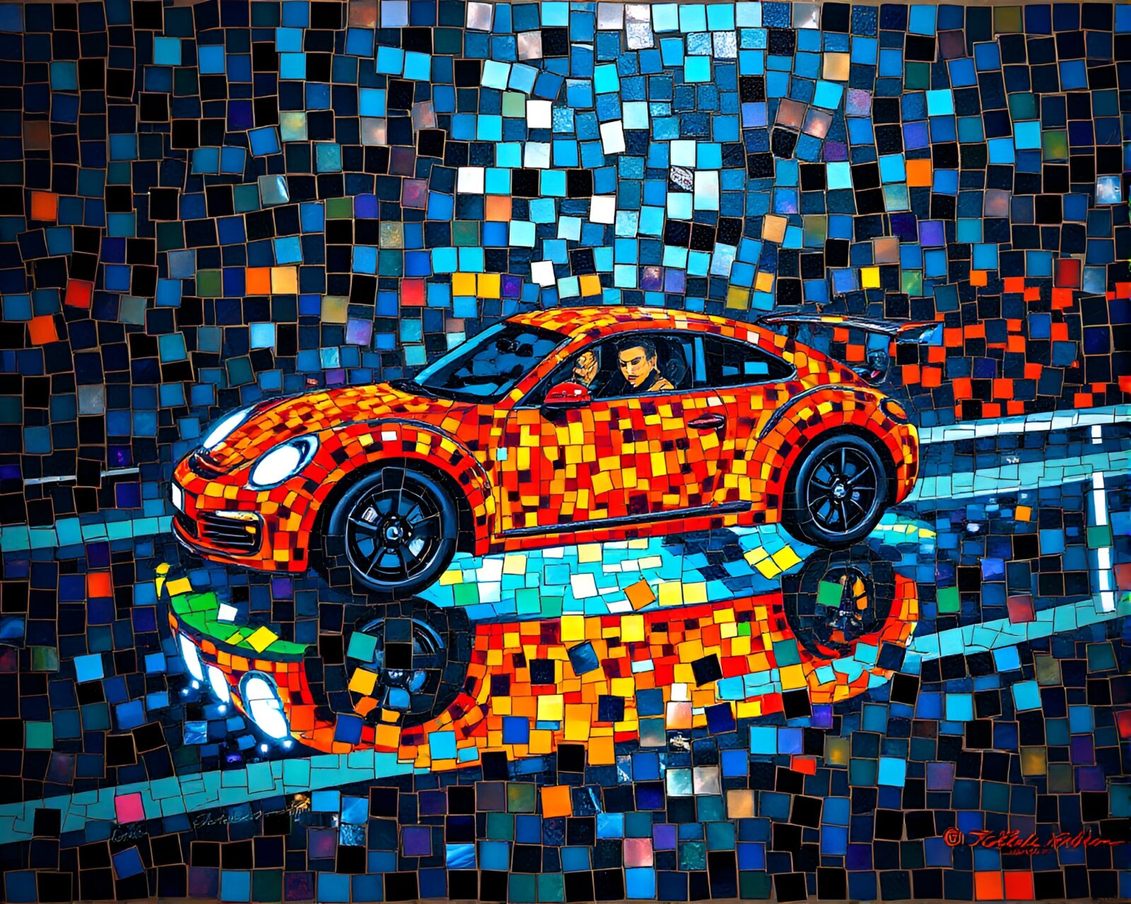 Colorful expressionist mosaic of a shiny flying car