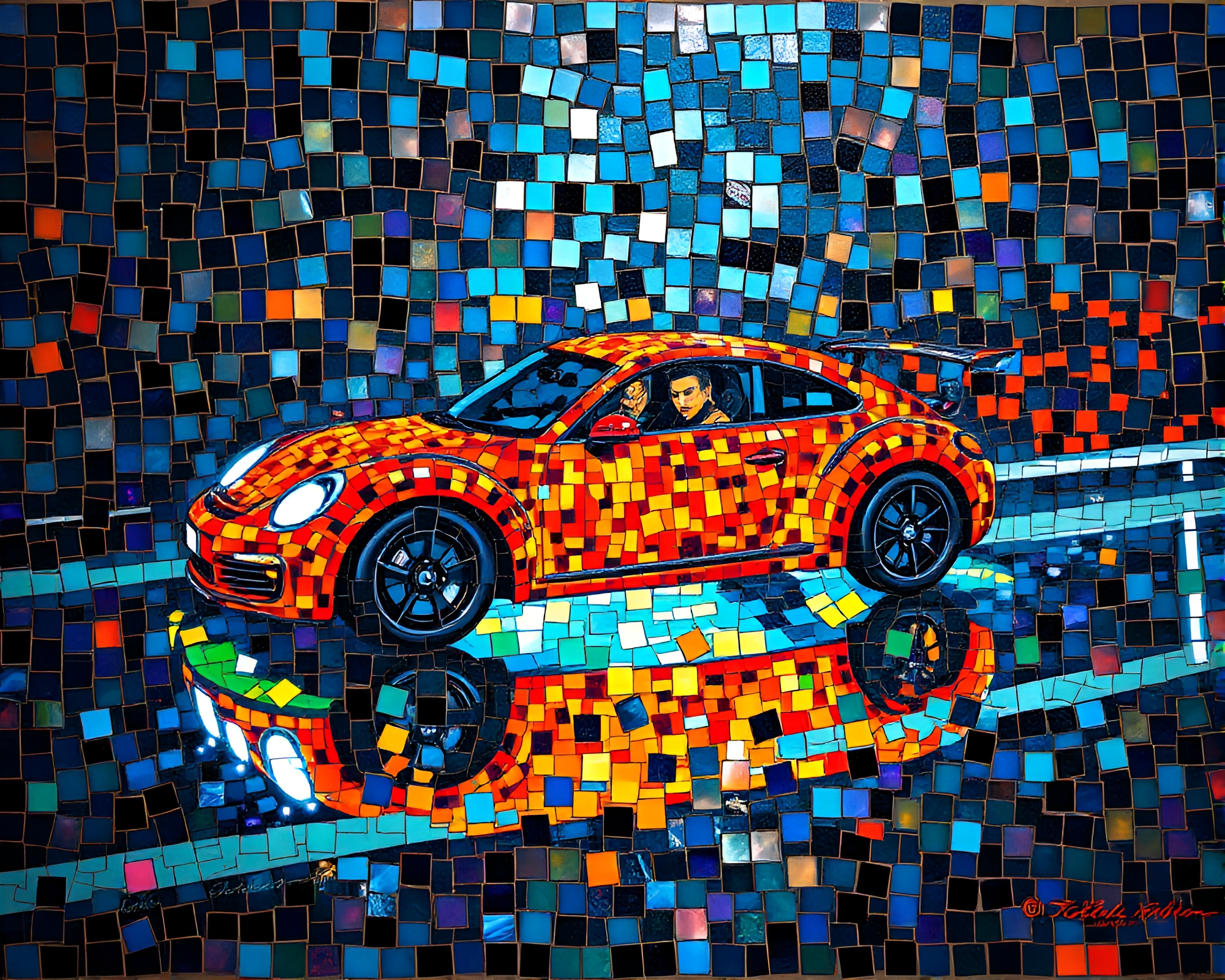 Phosphorescent flying car mosaic art – free AI stock image