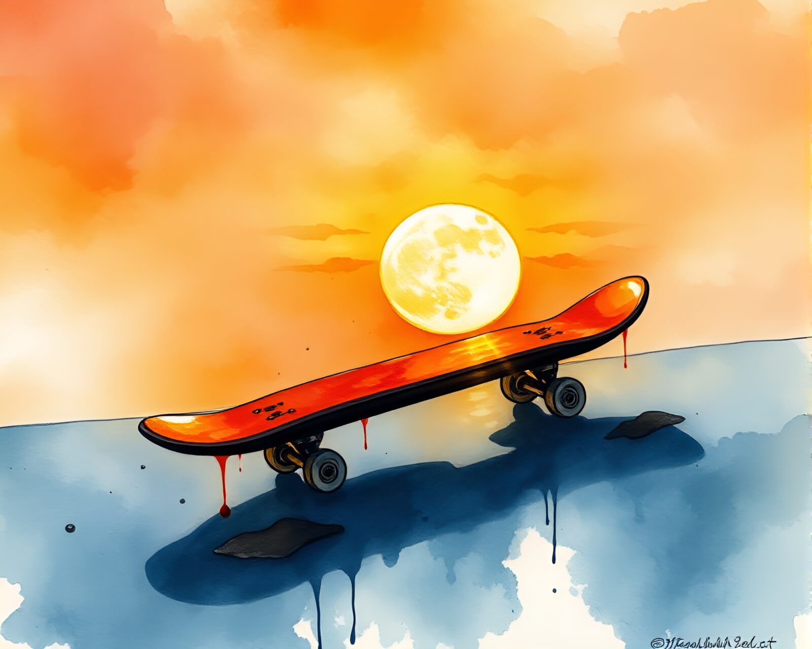 Watercolor painting of skateboarder in golden hour dusk with ink drips