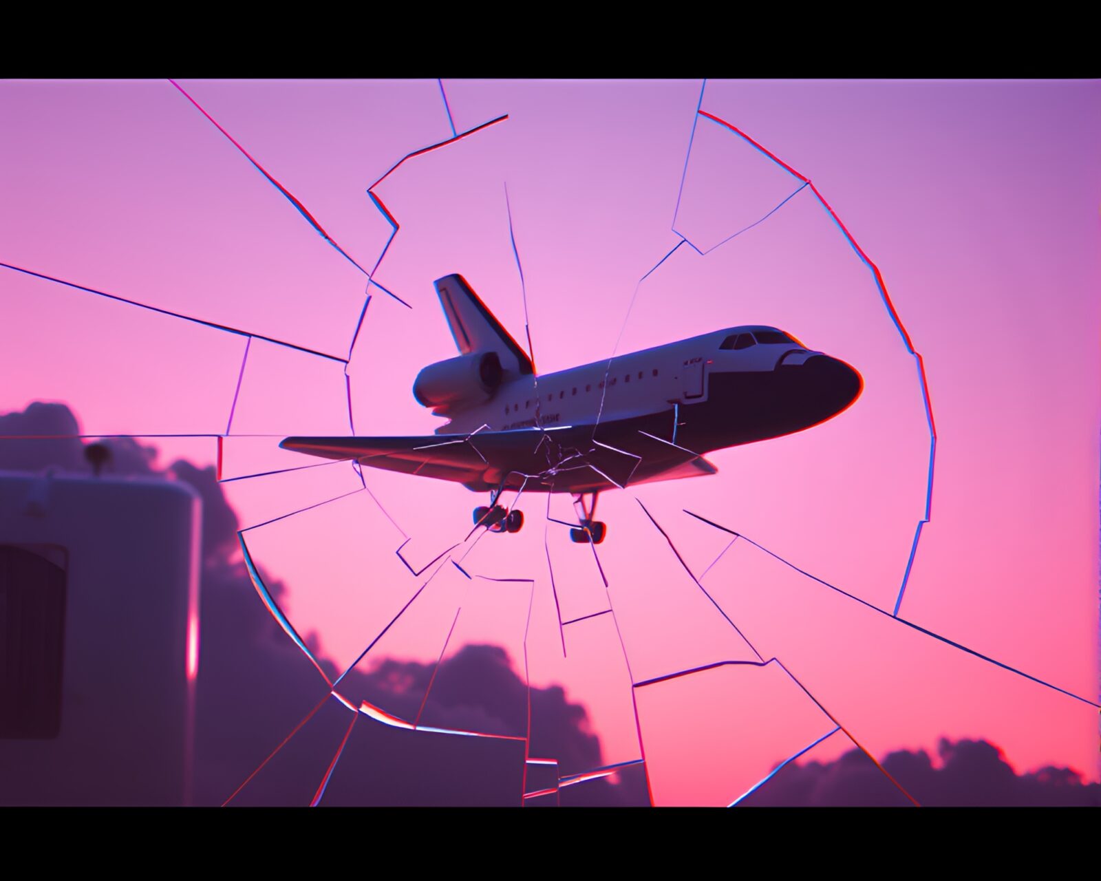 Anaglyph 3D image of a space shuttle reflected in broken glass
