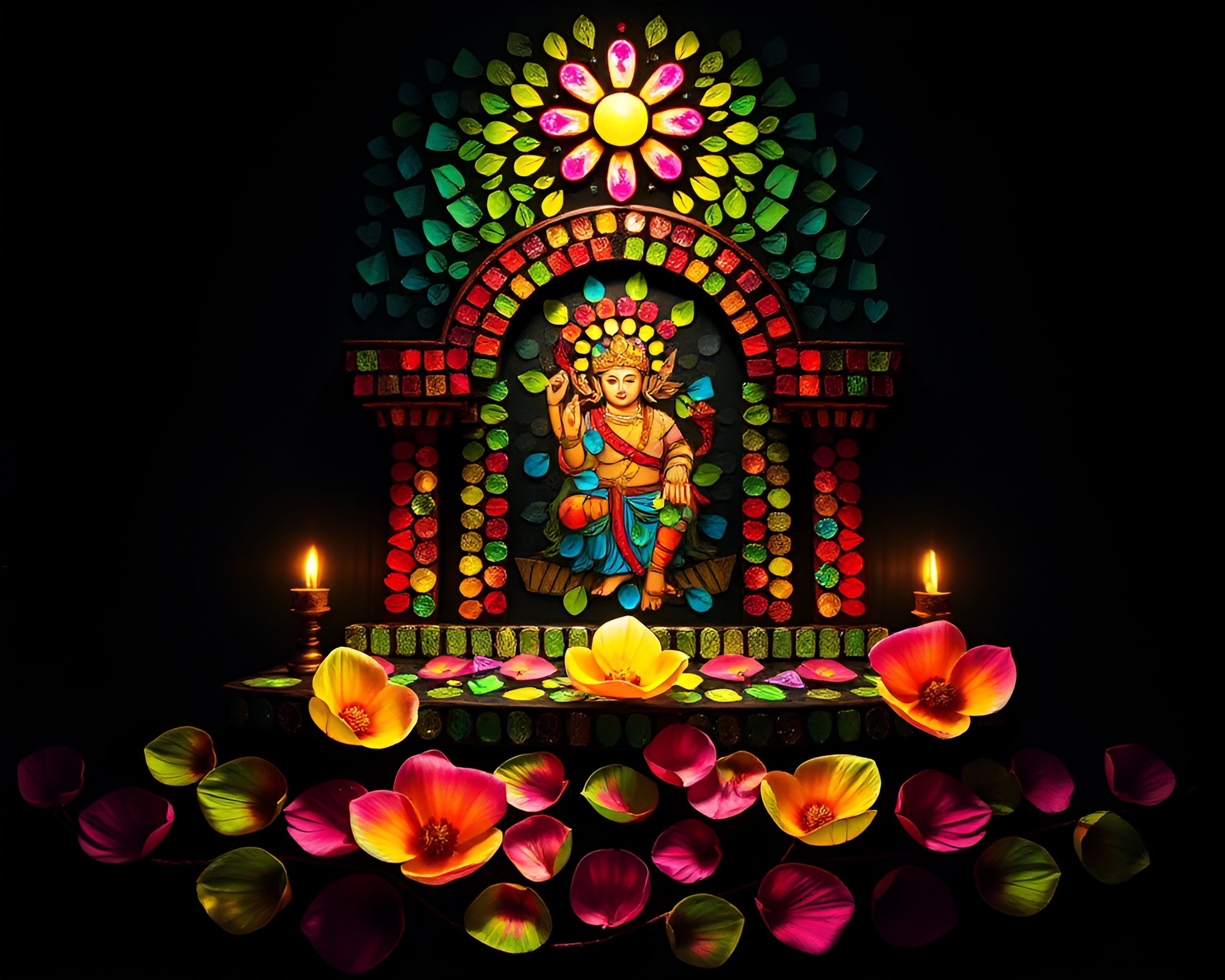 Mosaic Temple Garden with Tattoo Floral Design – free AI stock image
