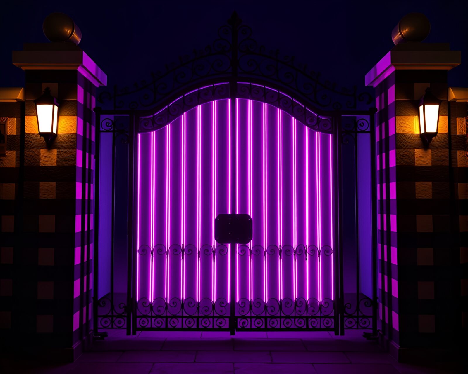 Striped patterned gate glowing in neon ultraviolet lights