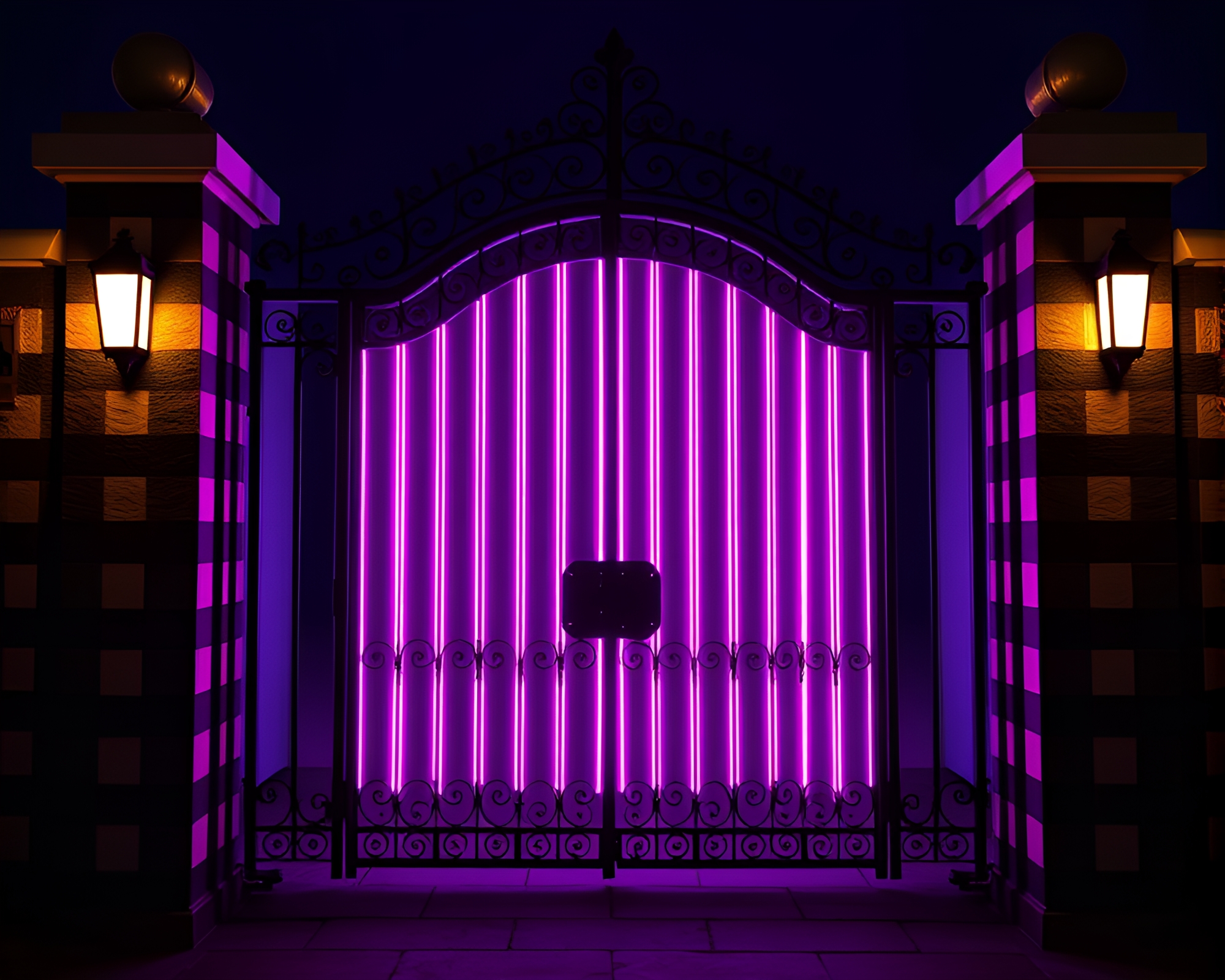 Neon Glow Wrought Iron Gate Ultraviolet Composition – free AI stock image