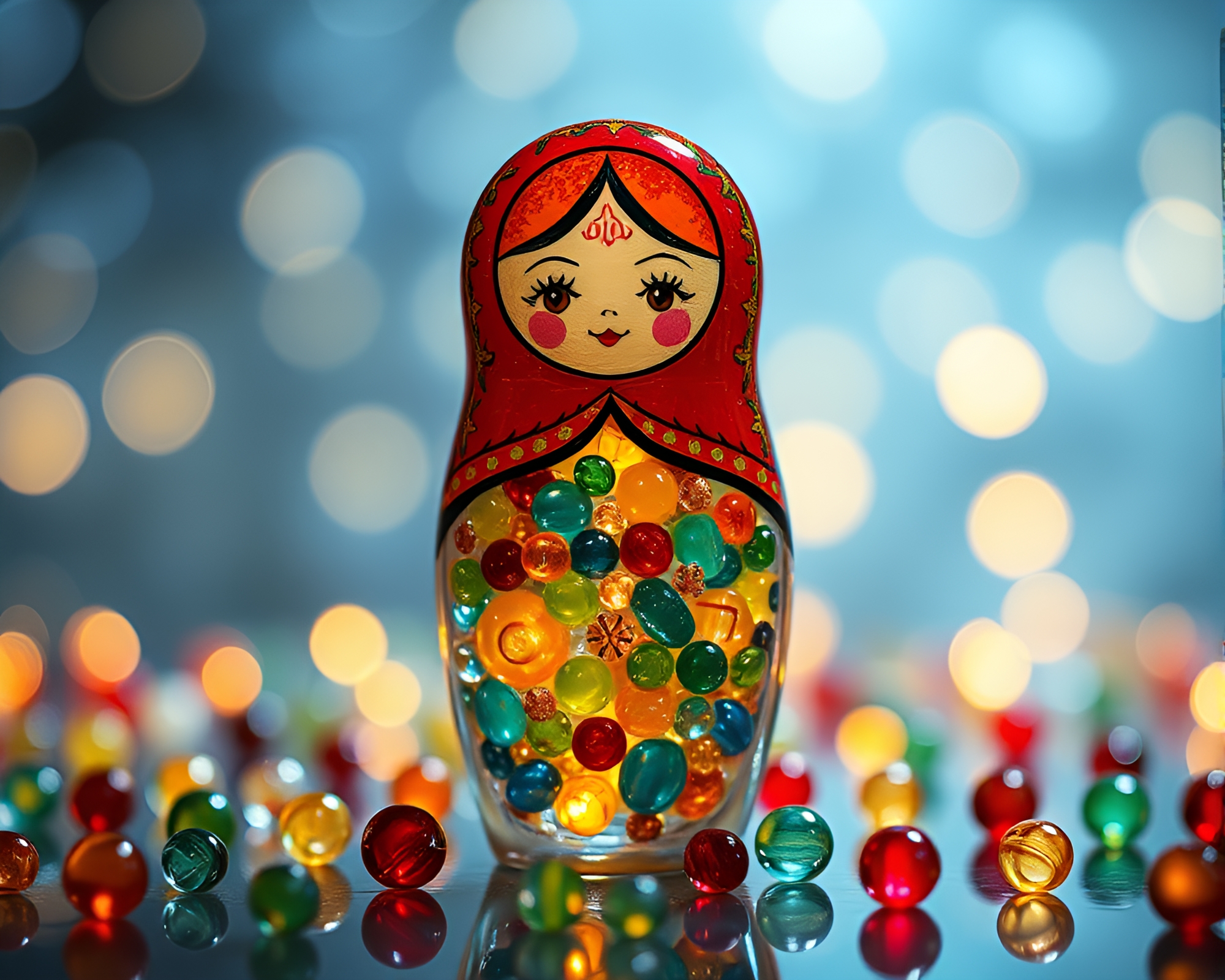 Matryoshka Doll Refracted through Wet Glass Beads – free AI stock image