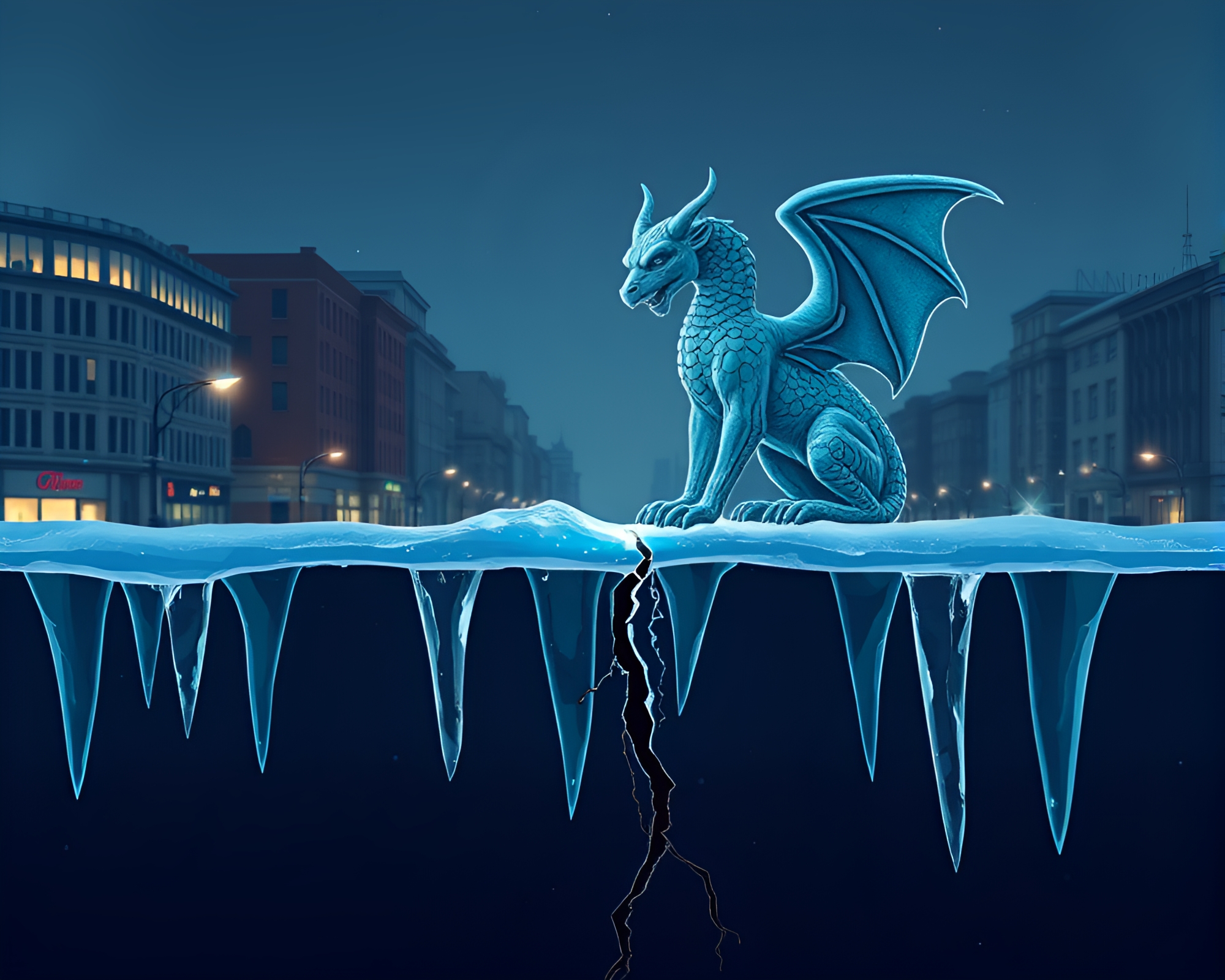 Cityscape Gazing Gargoyle Reflecting on Ice Crack – free AI stock image