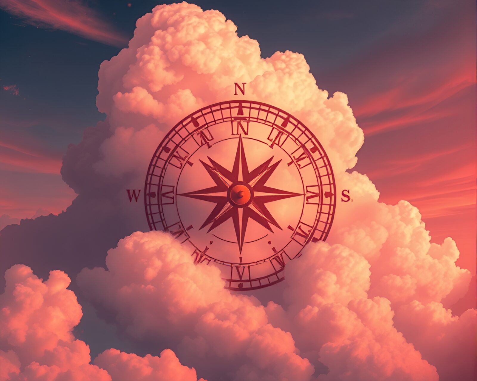 Vibrant anime art of antique compass surrounded by ruby skies
