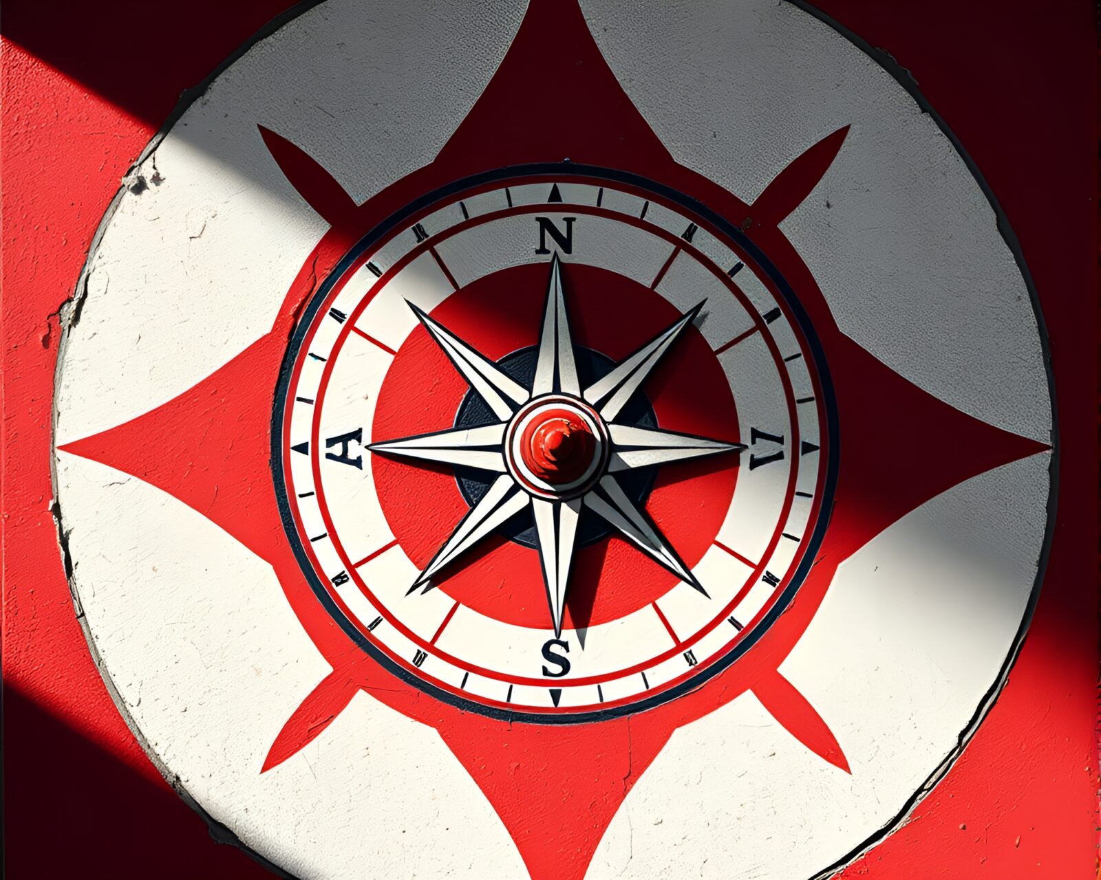 Detailed symmetrical compass design in rich brick red tones