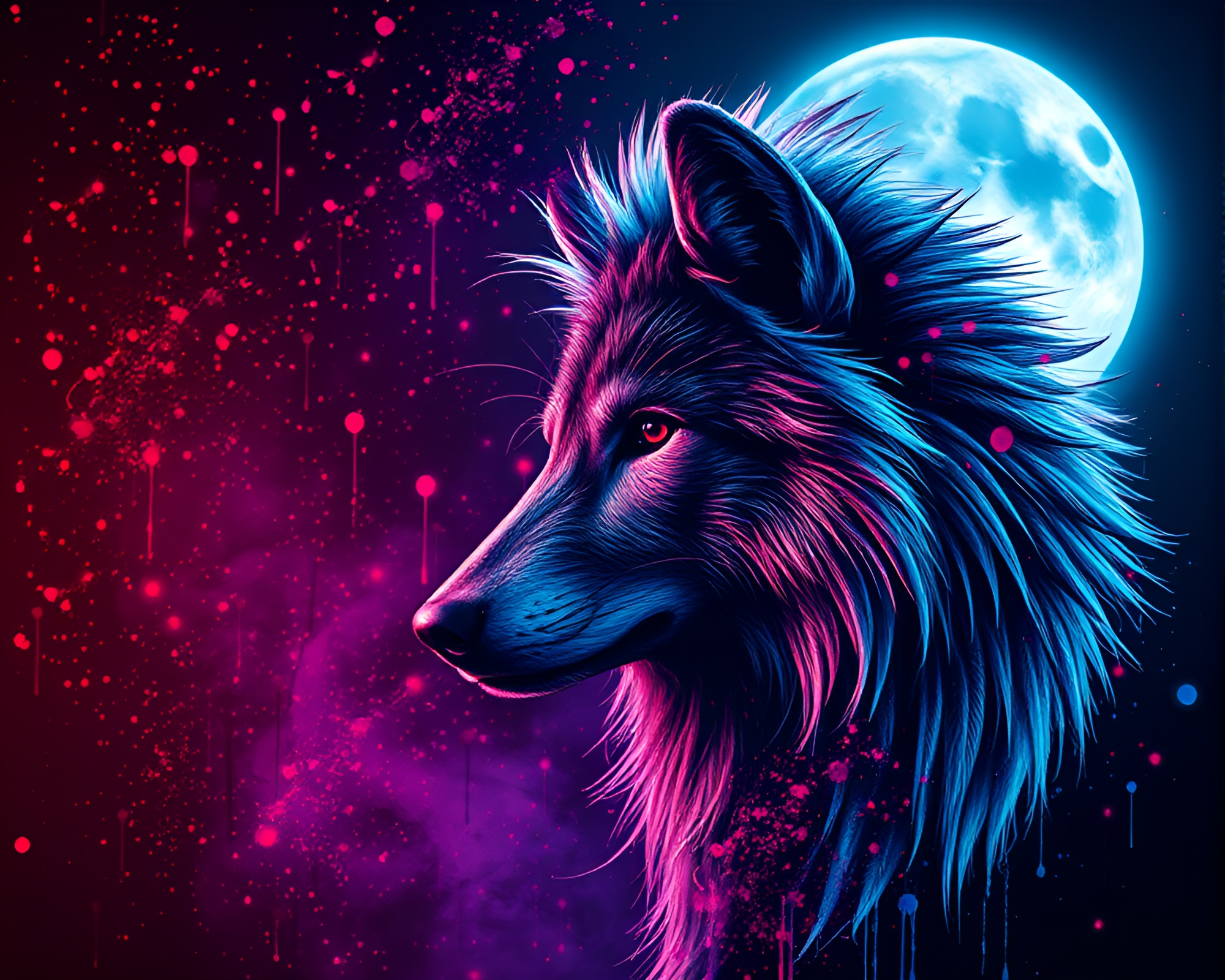 Moonlit Wolf in Neon Reflections with Paint Splatter Palette – free AI stock image
