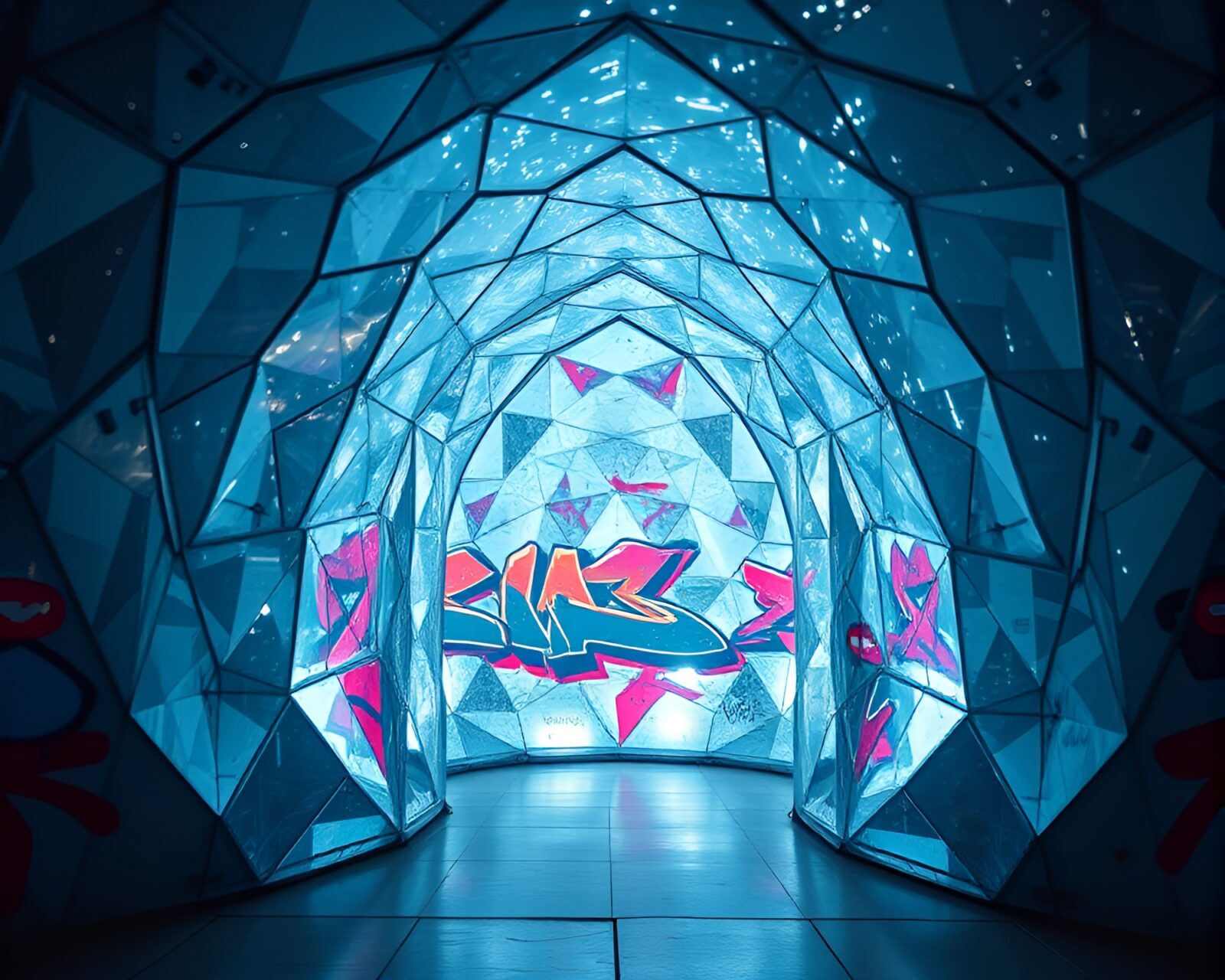 Colorful graffiti patterns inside a glass igloo under soft lighting