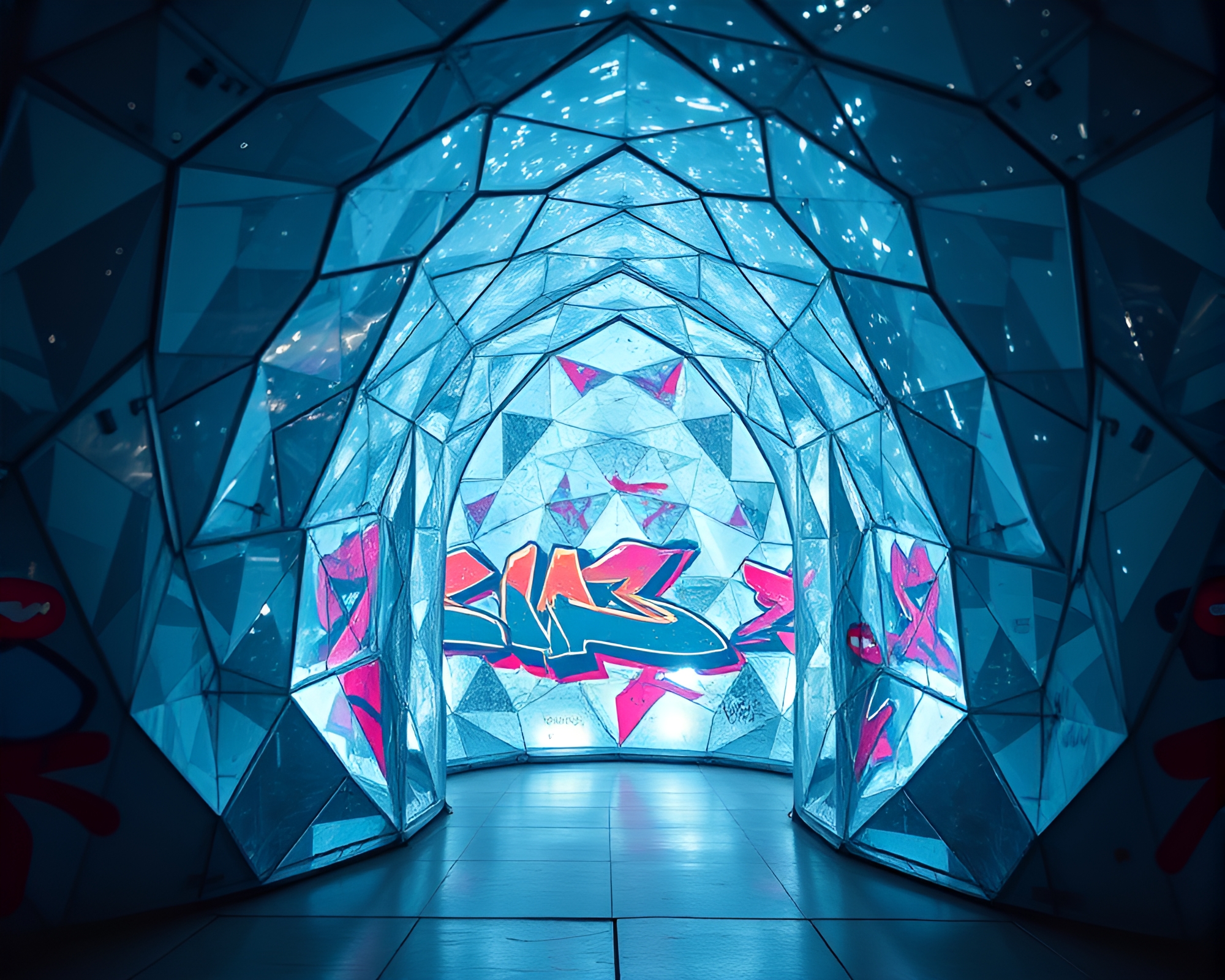 Glass Igloo Graffiti: Softbox Illumination in Geometric Chaos – free AI stock image