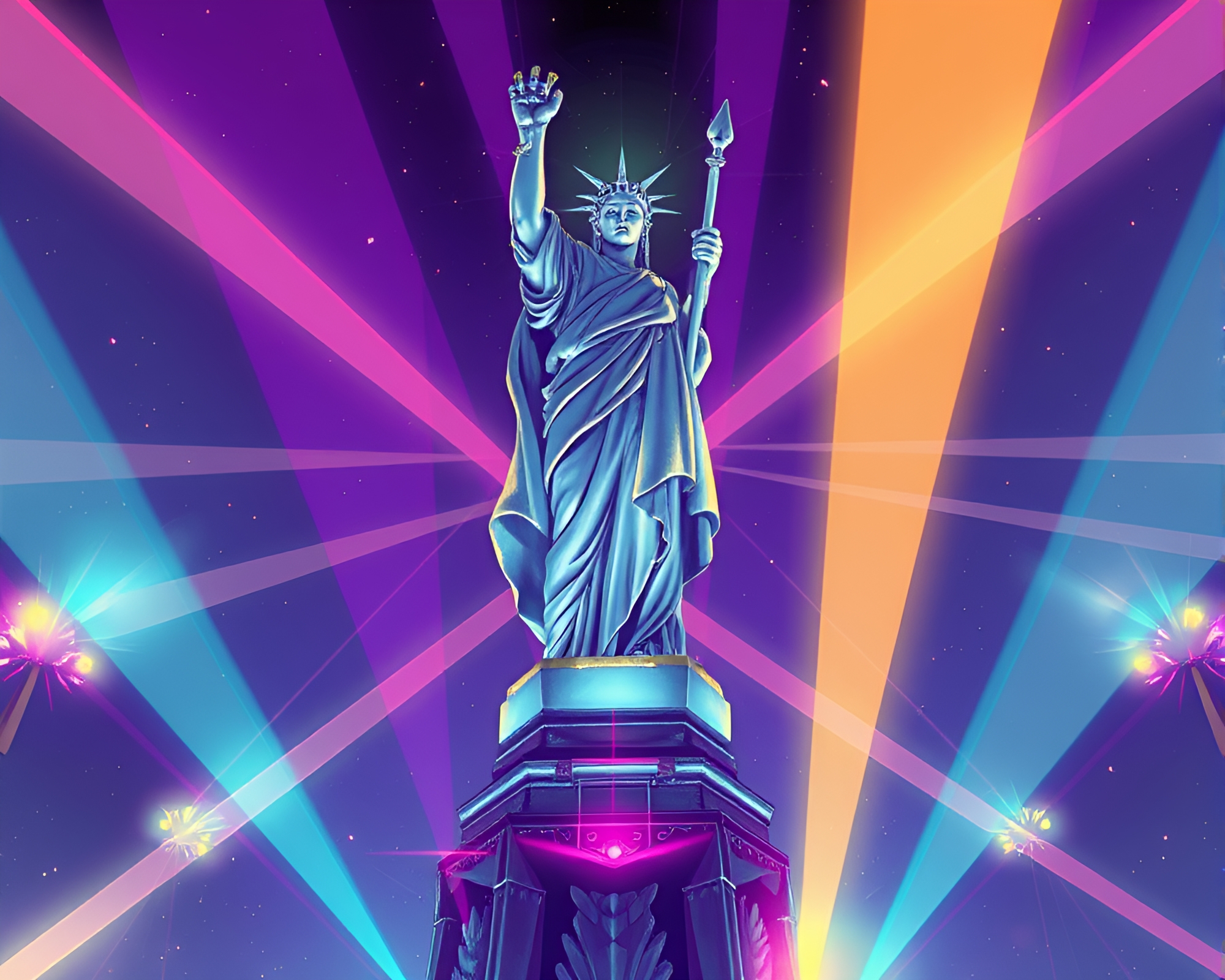 Cyberpunk Statue Illuminated by Kaleidoscope Laser Beams – free AI stock image