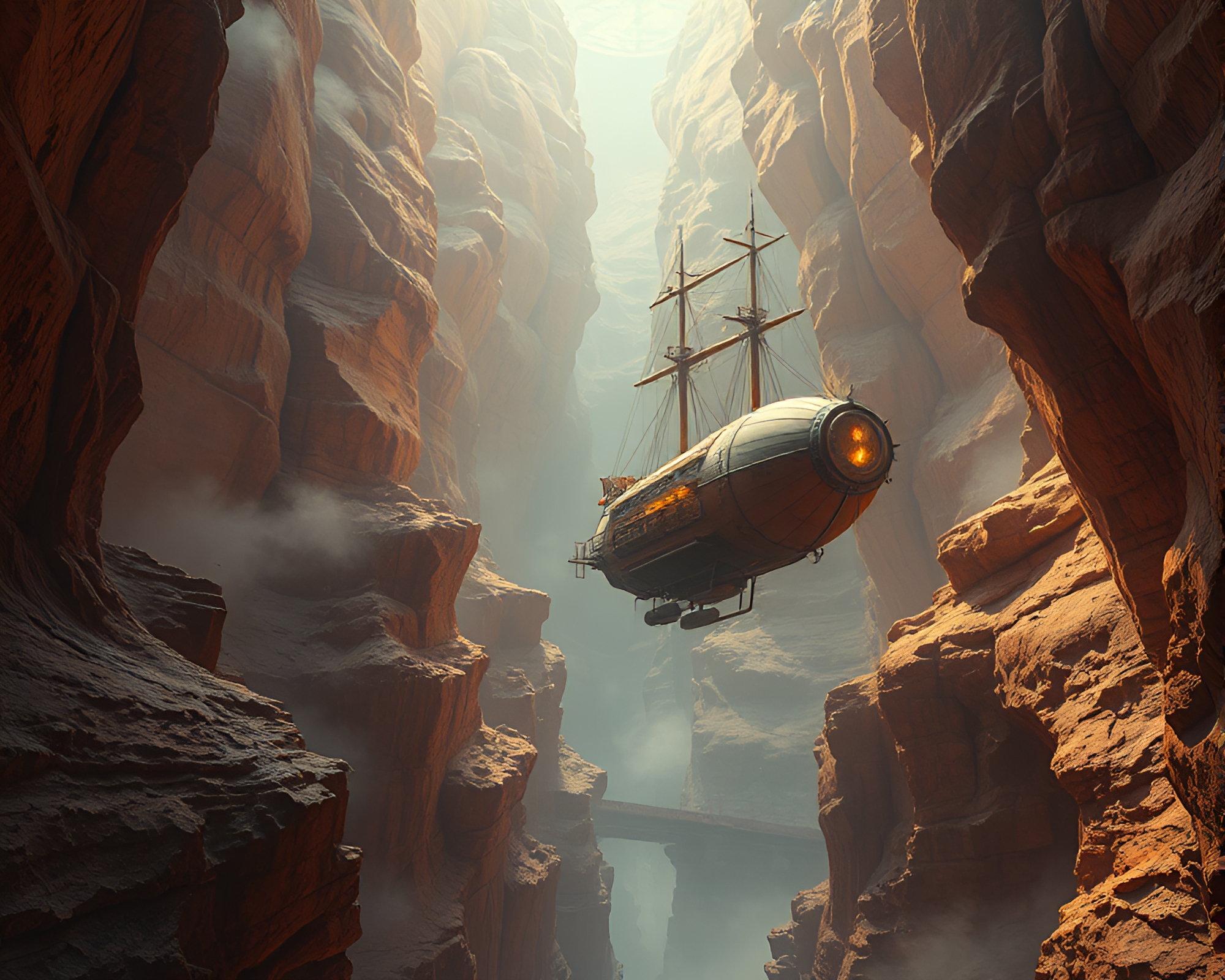 Steampunk Airship Soaring Through Rusty Canyon with Depth Layering – free AI stock image