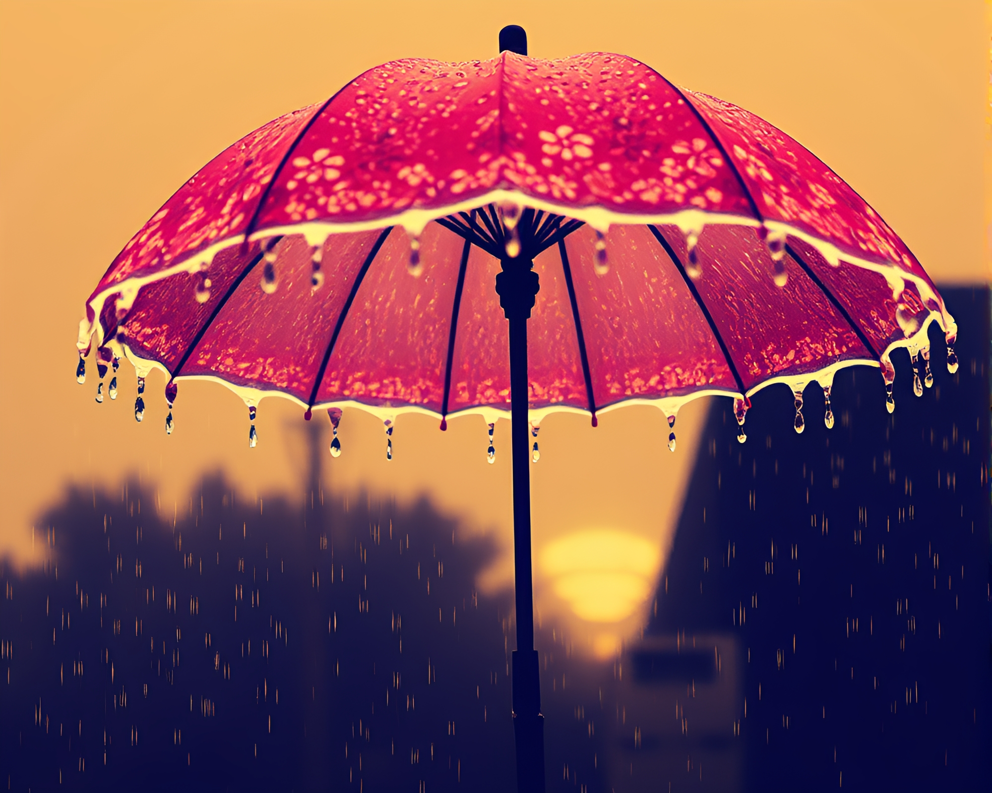 Neon-lit umbrella with water droplets in sepia woodcut – free AI stock image