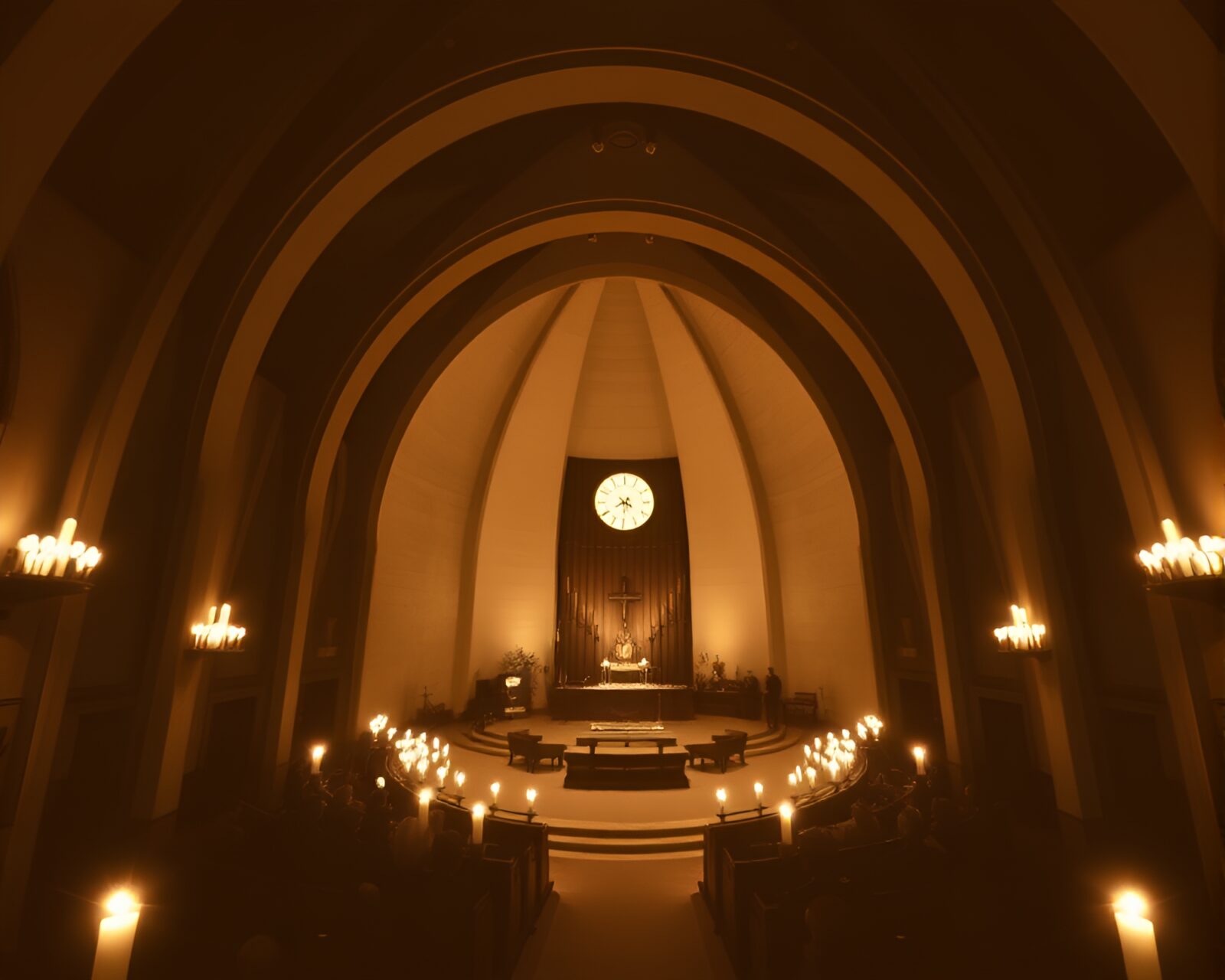 Elegant violin surrounded by glowing church candles in sepia tone