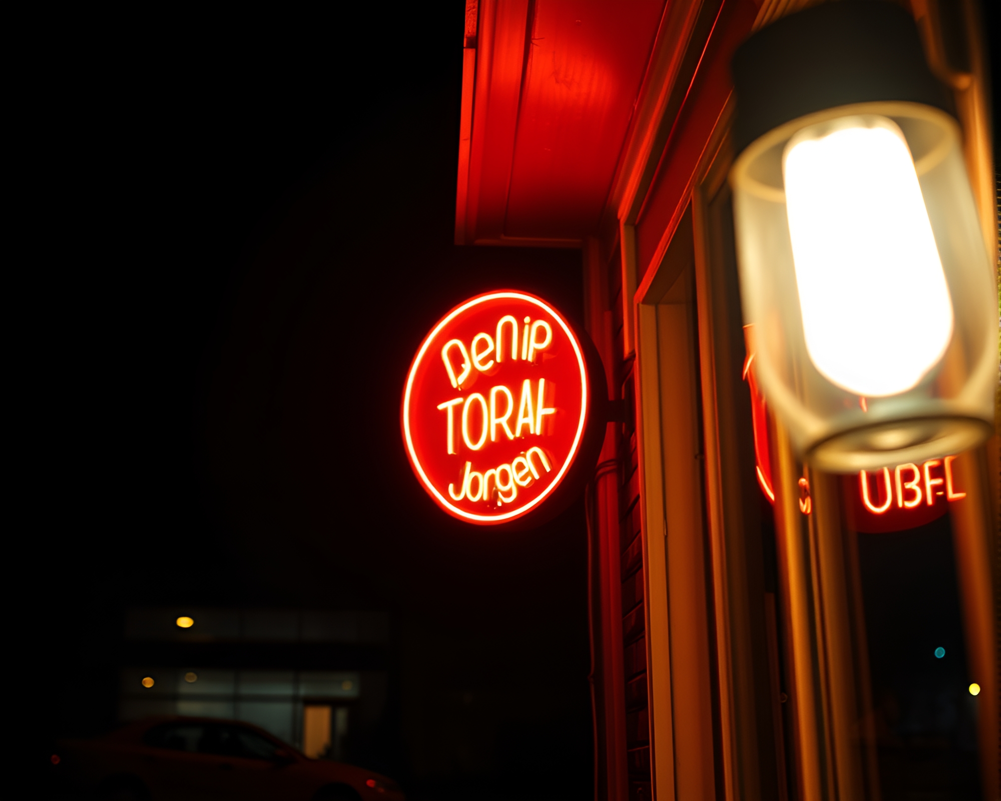 Neon Glow: Macro Porchlight Through Wide-Angle Lens – free AI stock image