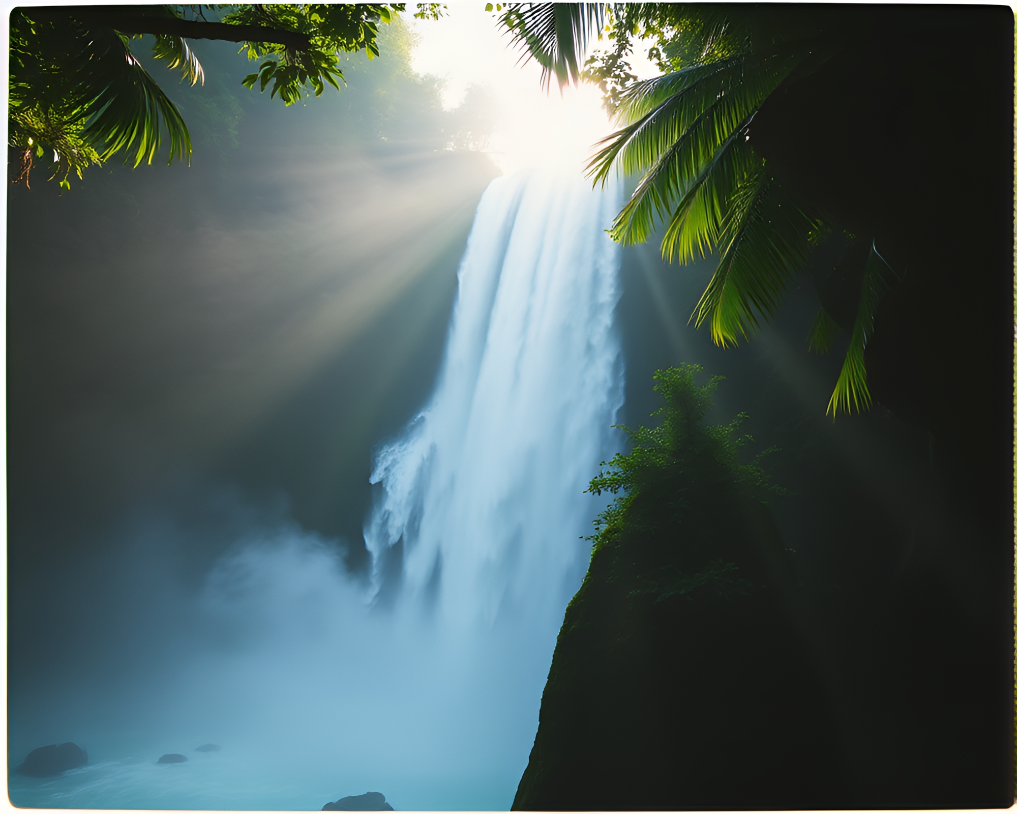 Tropical Waterfall Eclipse from Above – free AI stock image