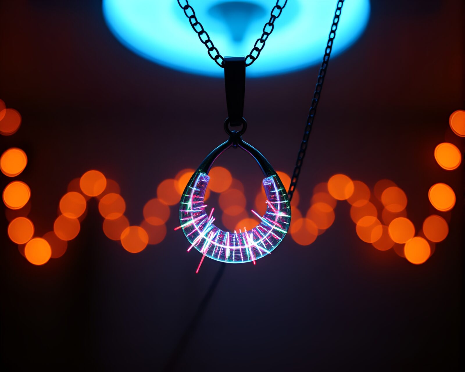 Neon necklace reflecting light in dark room