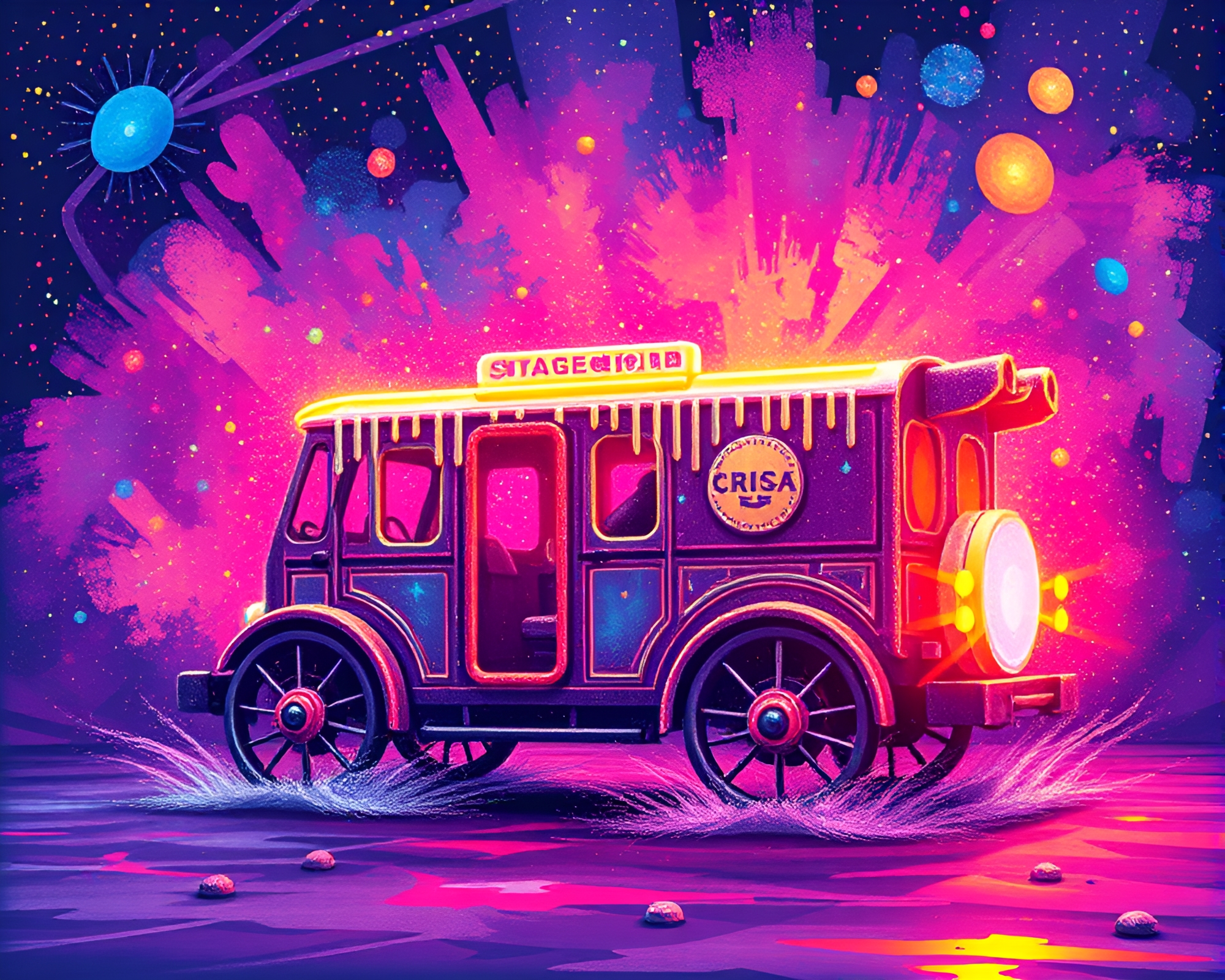 Voxel Stagecoach in Galaxy Spray Paint Drips – free AI stock image