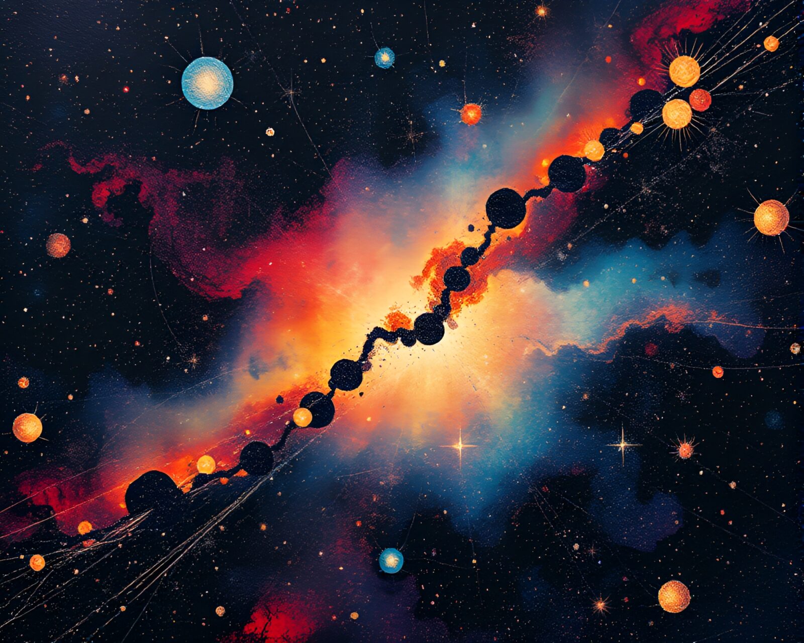 Intricate linocut print of a parallel universe with cosmic hues