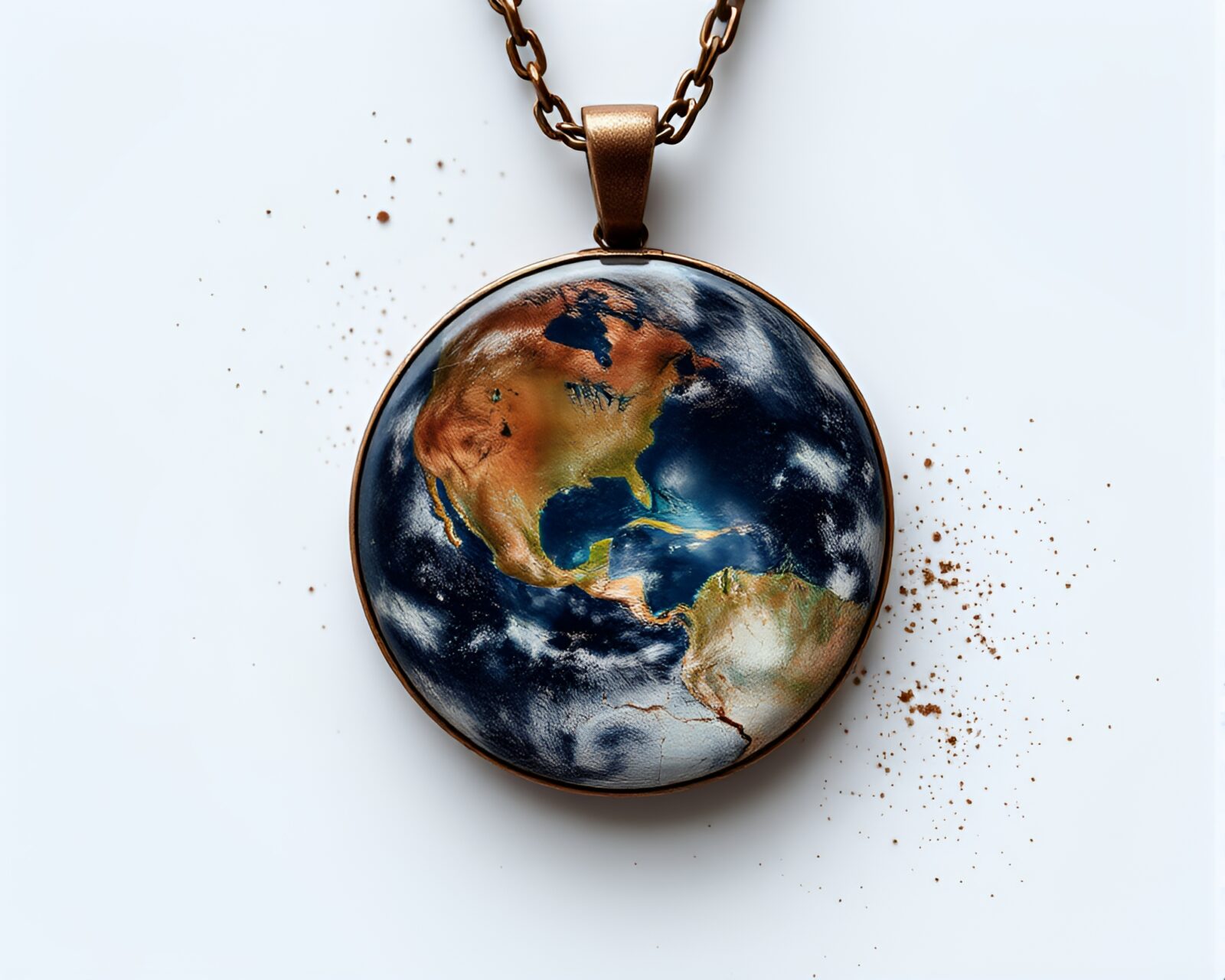 Glitchy digital art of a cosmic necklace on cracked earth
