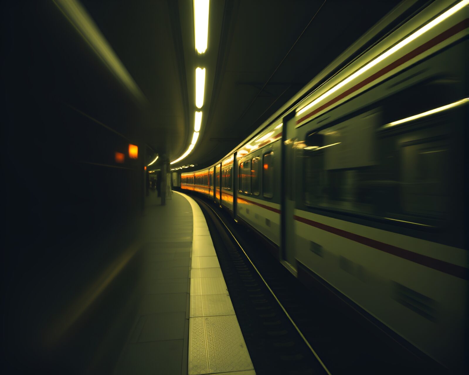 Photorealistic image of a train rushing through a dimly lit forest lined with pianos