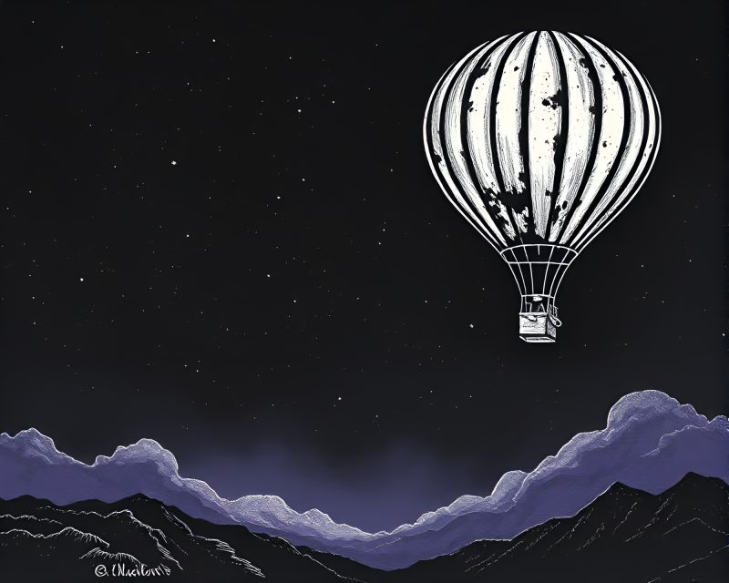Enigmatic Ultraviolet Woodblock Hot Air Balloon Print – free AI stock image