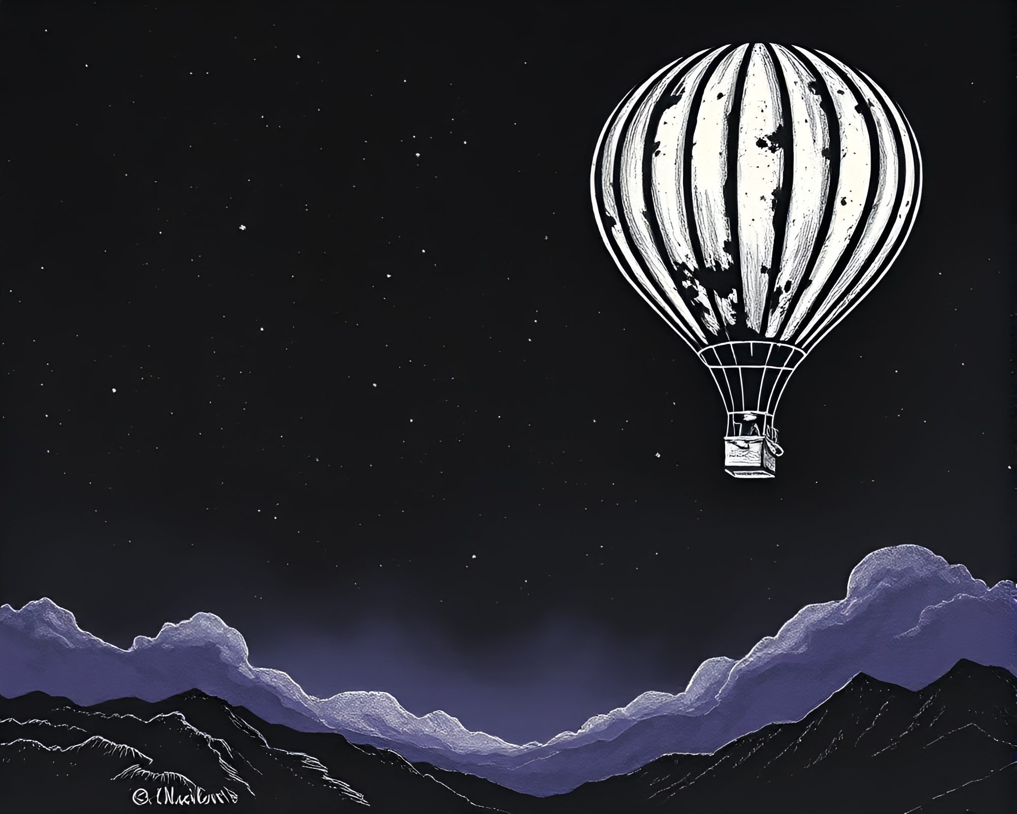 Enigmatic Ultraviolet Woodblock Hot Air Balloon Print – free AI stock image