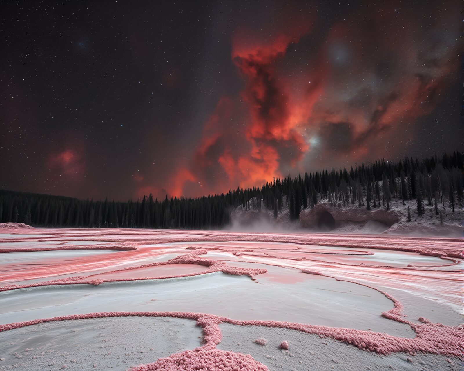 Surreal landscape of geyser field under cosmic infrared lighting