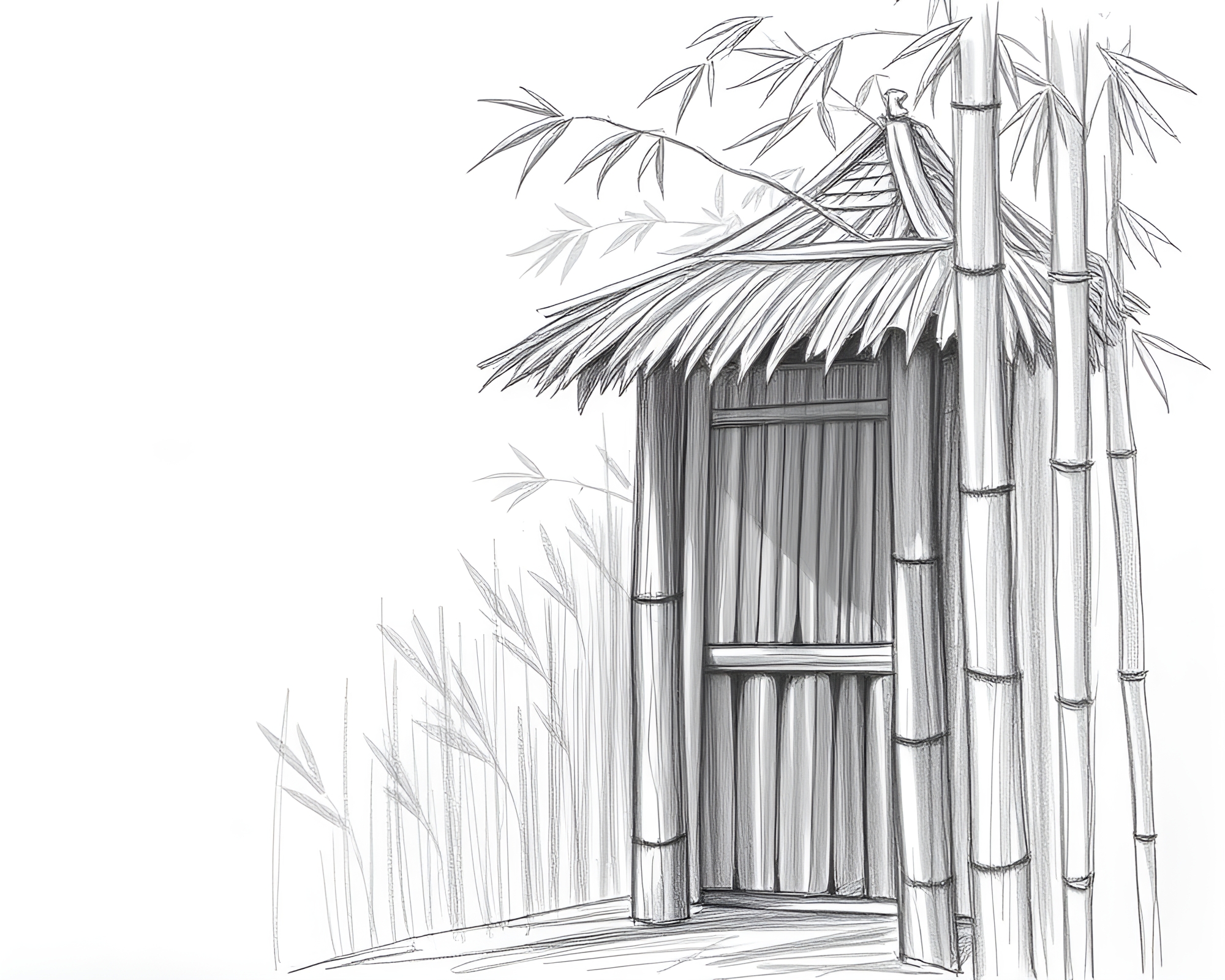 Bamboo Hut in Attic Shadows: Pencil Sketch Composition – free AI stock image