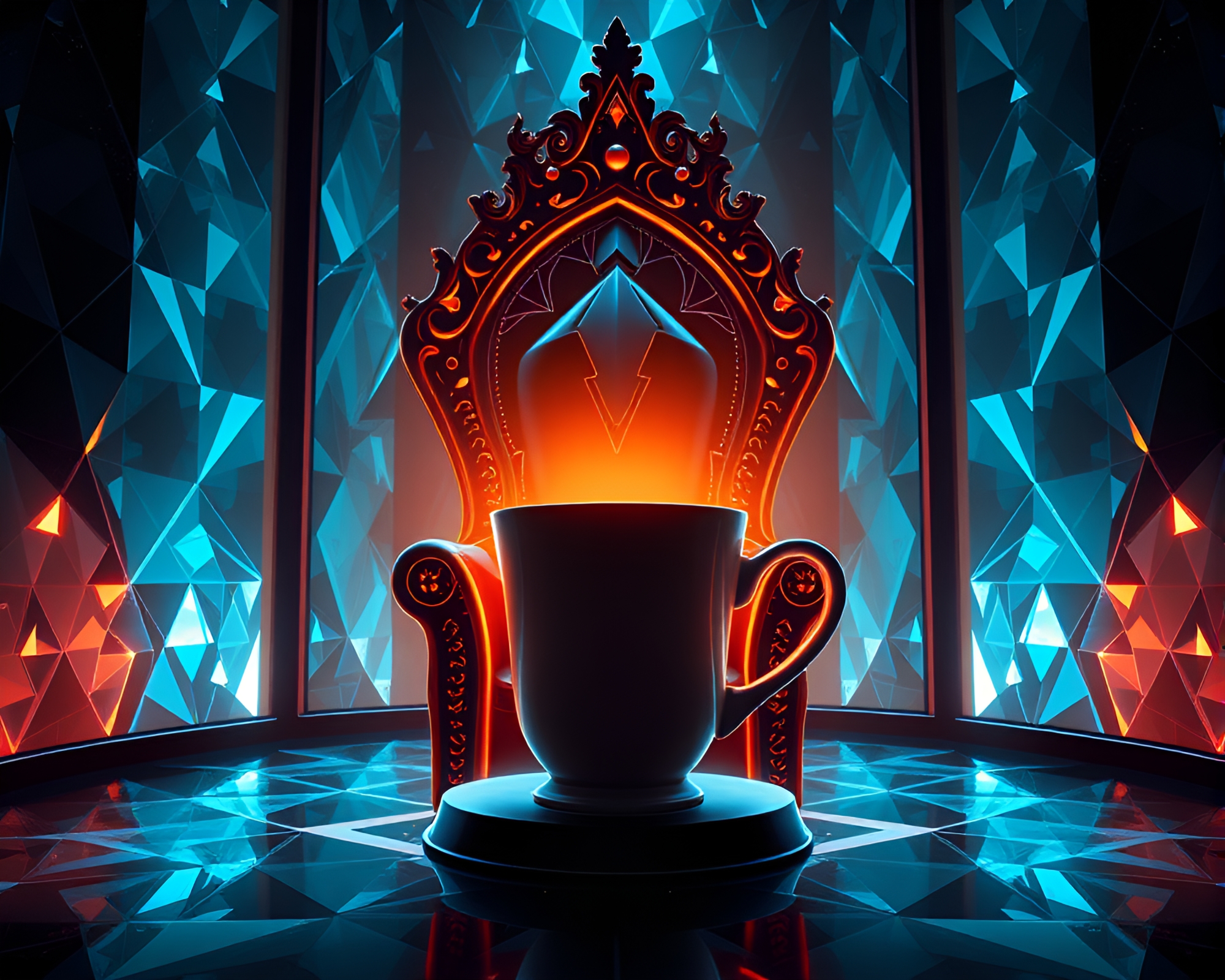 Coffee Cup Kingdom: Glitchy Geometric Throne Room – free AI stock image