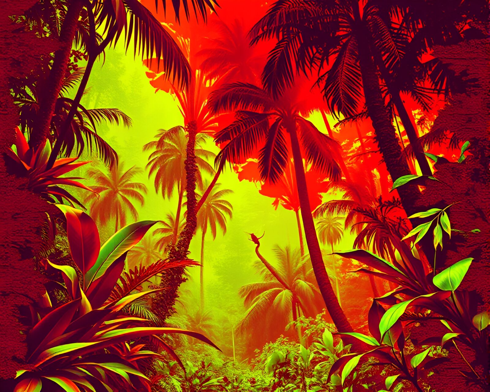 Abstract jungle scene in bold triadic colors and 3D effect