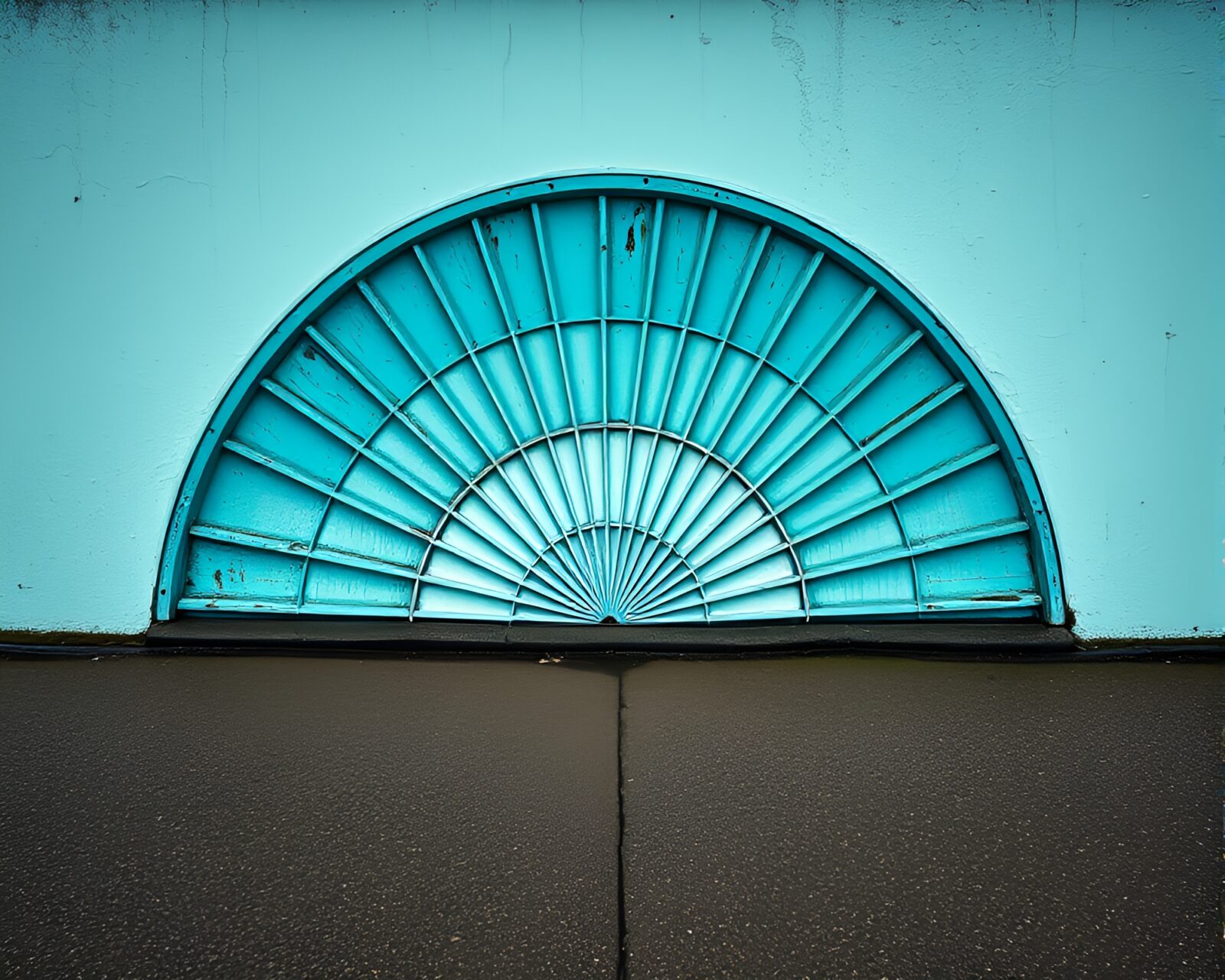 Tranquil scene of a hand-painted fan on rain-drenched pavement