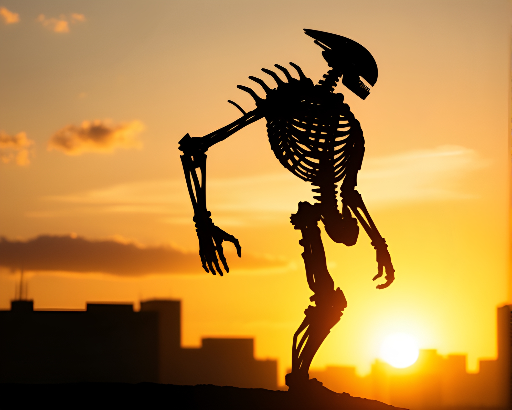 Sunset skyline silhouette with torn edges exoskeleton suit – free AI stock image