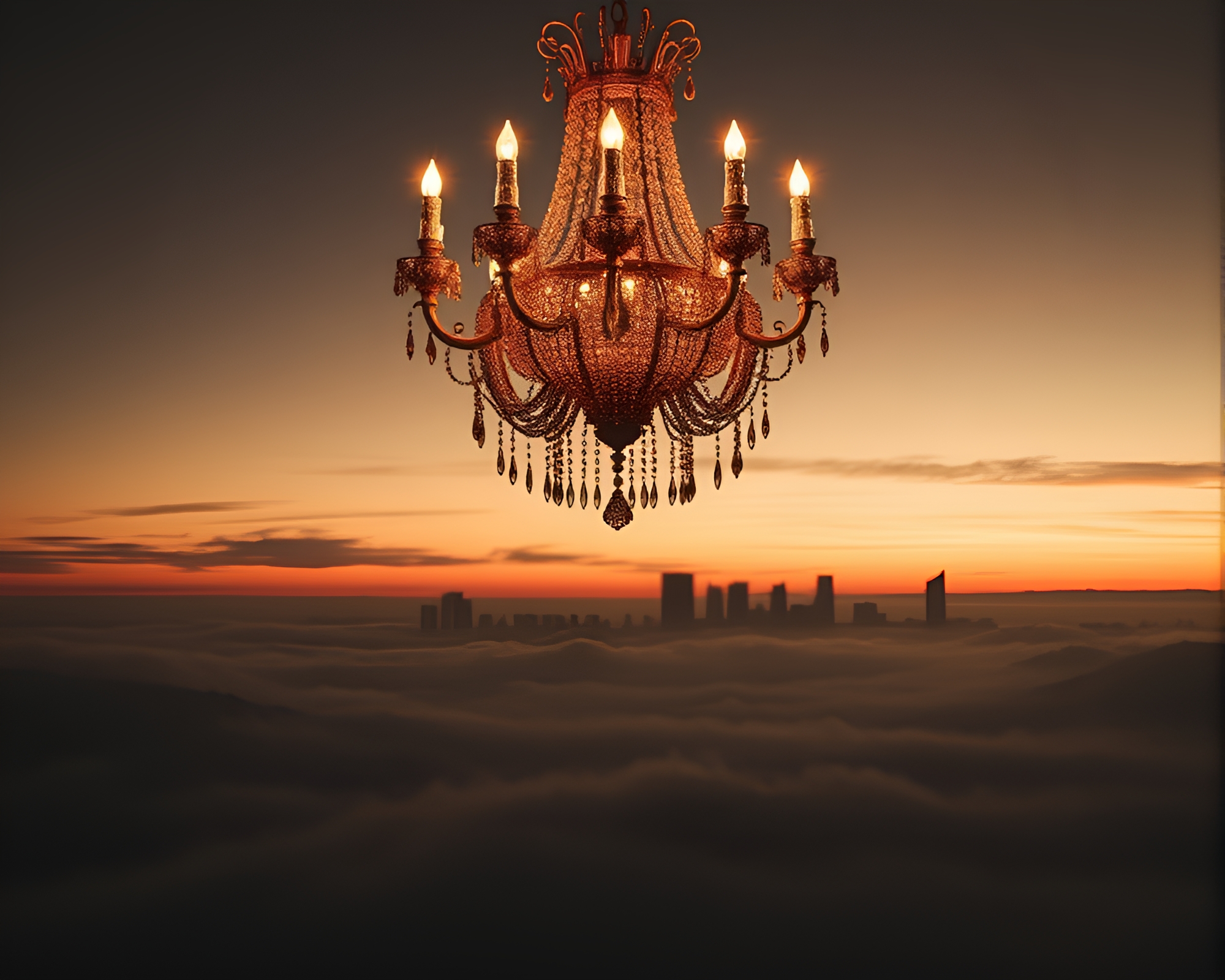 Mystical chandelier in a dusky cityscape – free AI stock image