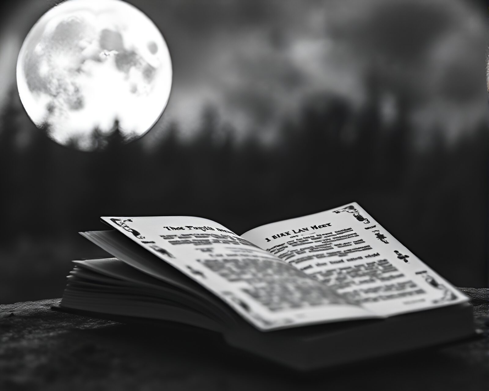 Black and white charcoal sketch of lunar-lit Edgar Allan Poe books surrounded by blurred lights